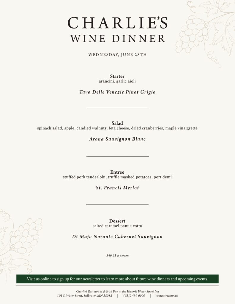 Wine Dinner At Charlie's Restaurant And Irish Pub Water Street Inn