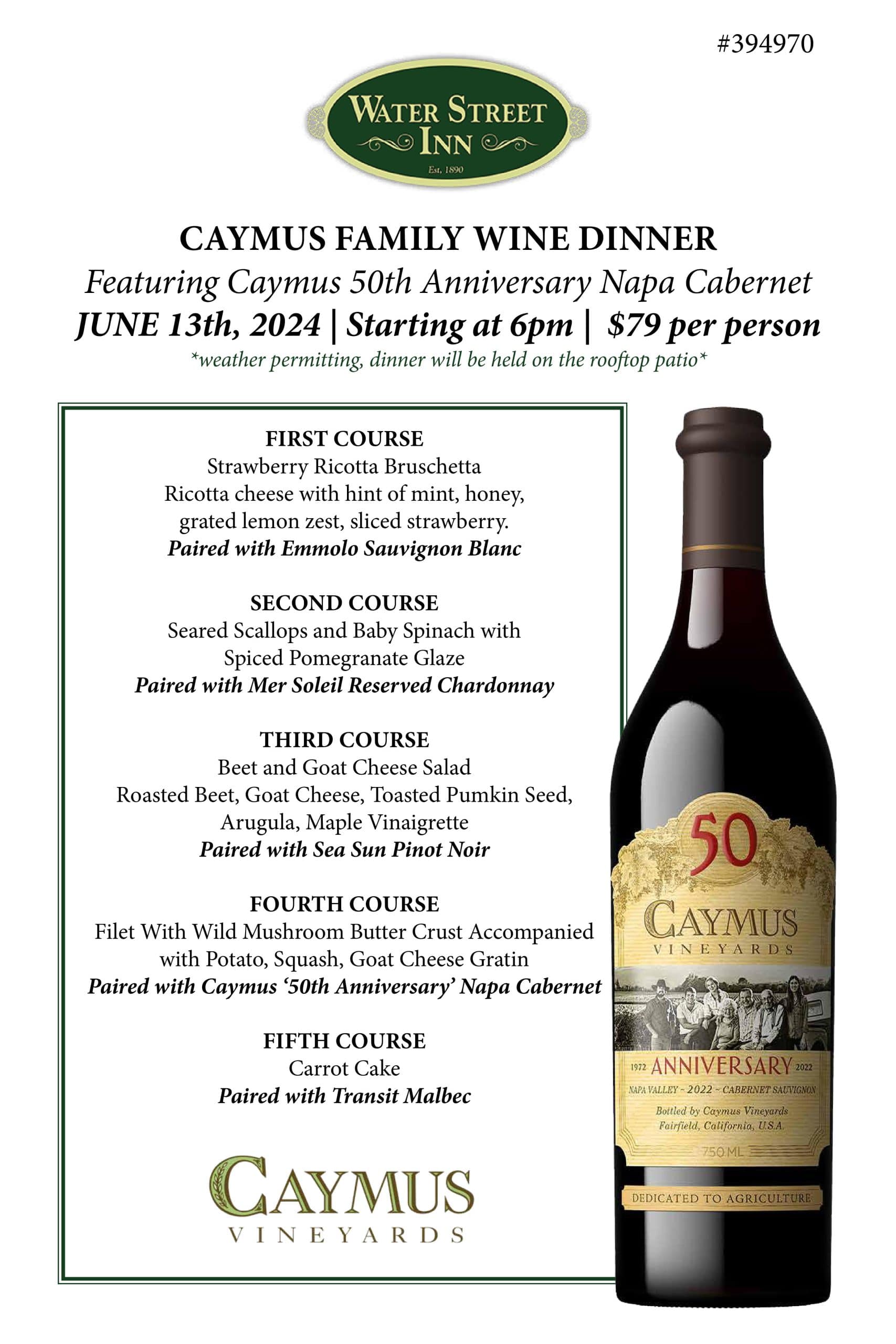 Caymus Family Wine Dinner at Papa's Rooftop Restaurant & Bar 1 Water Street Inn a Stillwater MN Hotel & Wedding Venue