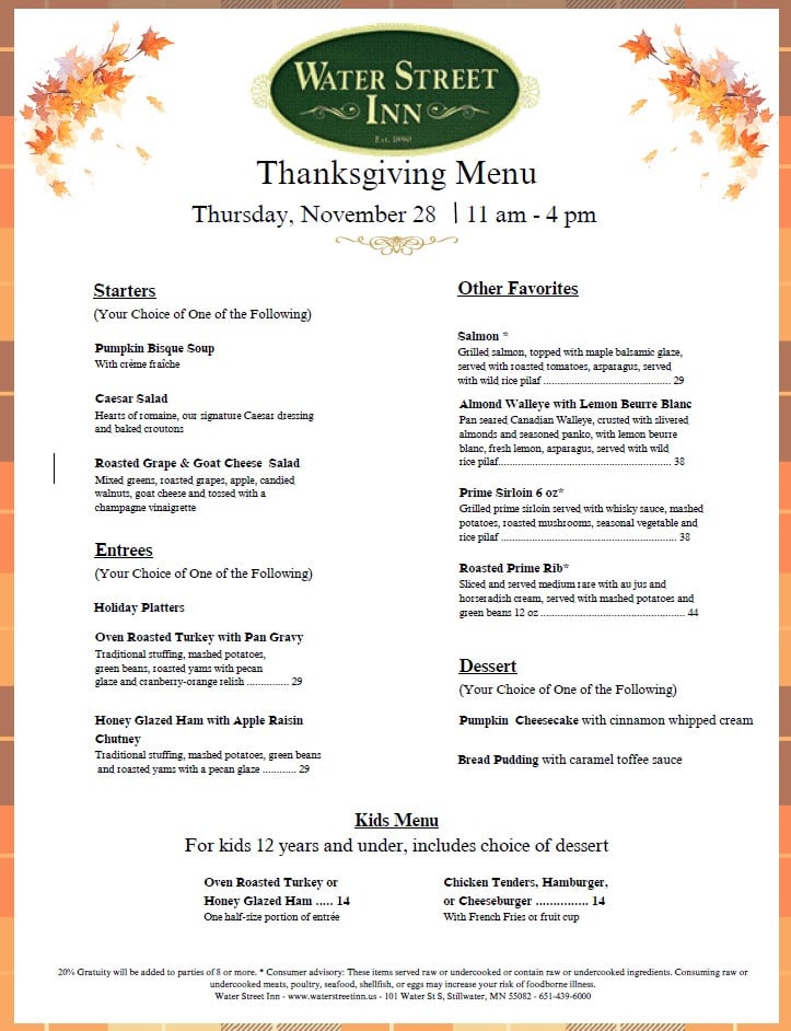 Thanksgiving Dinner 1 Water Street Inn a Stillwater MN Hotel & Wedding Venue