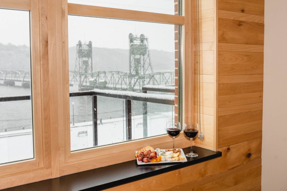 Snowy view of Historic Lift Bridge from room at our Stillwater hotel, perfect for weekend getaways from Minneapolis.