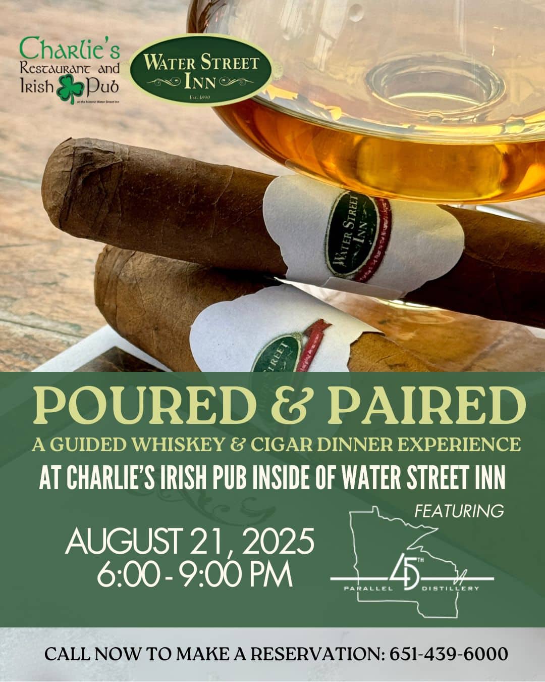 Event flyer: Poured & Paired whiskey and cigar dinner at Charlie's Irish Pub on August 21, 2025, at 6:00 PM.