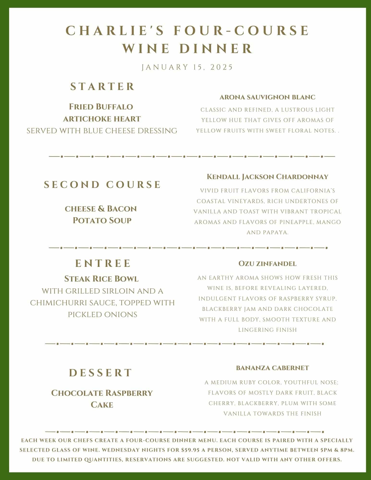 A four-course wine dinner menu for Charlie’s, held on January 14, 2025, with food and wine pairing descriptions.