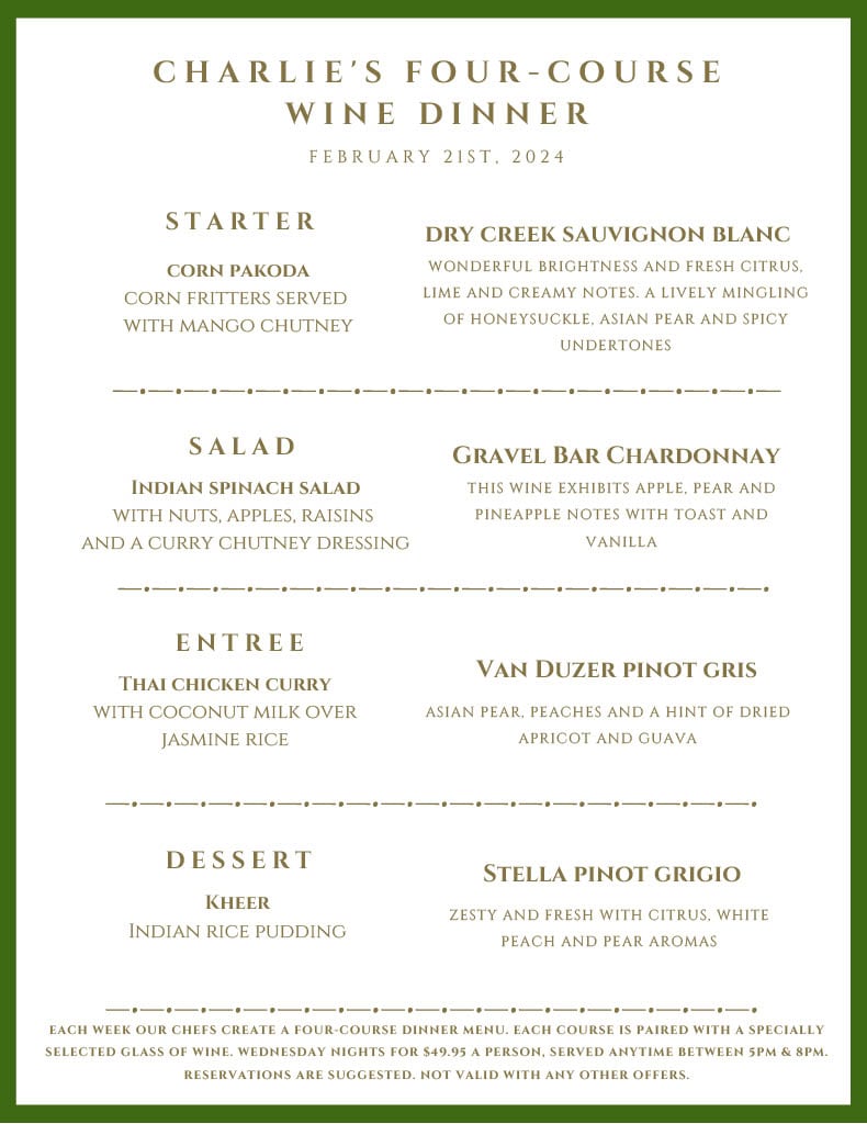 A menu for Charlie's Four-Course Wine Dinner on February 21st, 2024, listing four courses paired with wines.