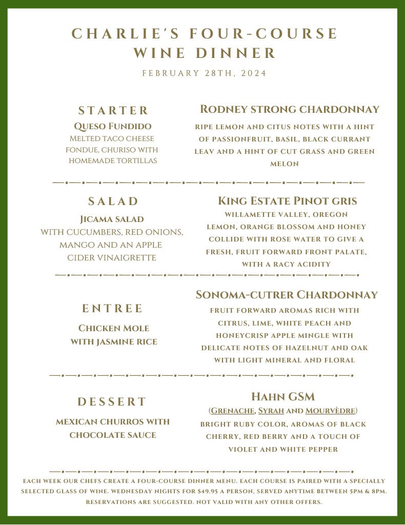 A menu for Charlie's Four-Course Wine Dinner on February 28th, 2024, featuring food and wine pairings.