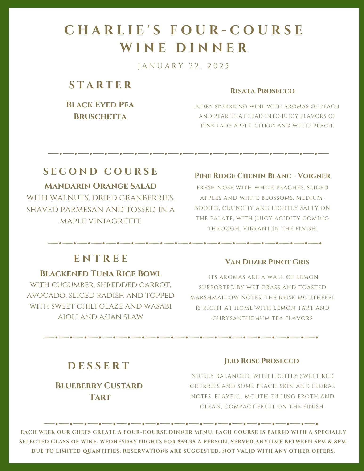 A printed four-course wine dinner menu from January 22, 2025, listing the food pairings with specific wine selections.