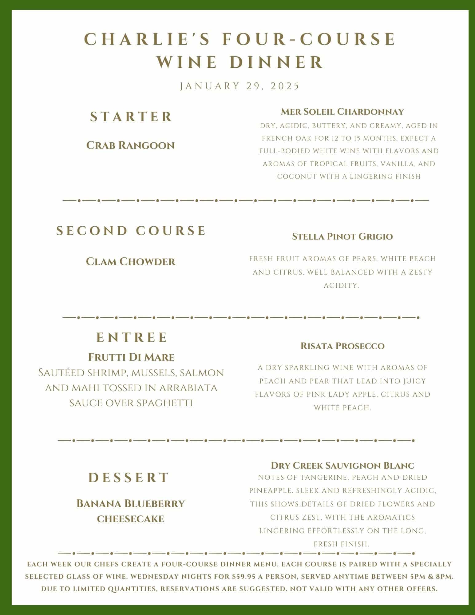 A menu for "Charlie's Four-Course Wine Dinner" on January 29, 2025, listing food and wine pairings.