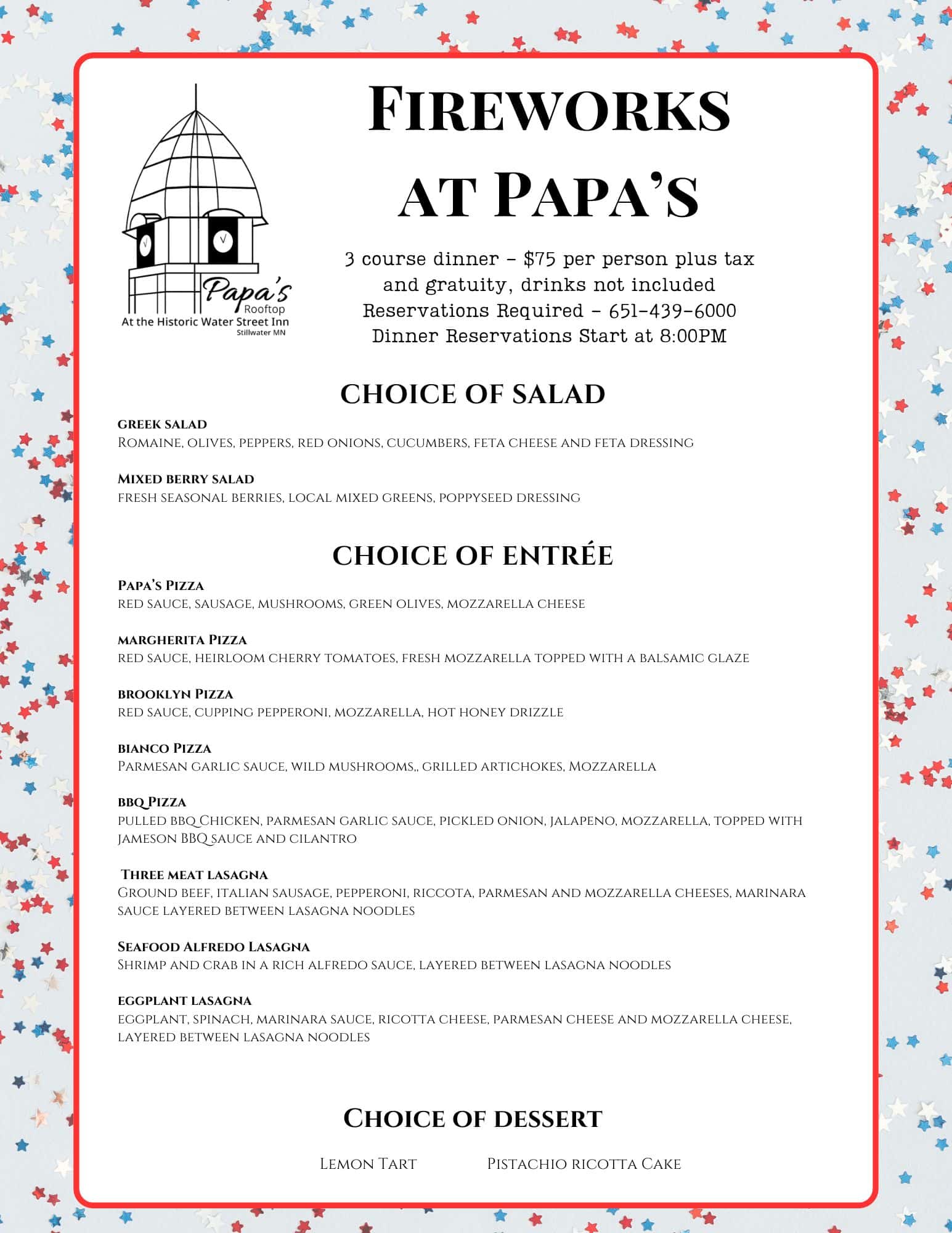 A Papa's restaurant flyer for a fireworks dinner event, detailing a 3-course menu with options and pricing.