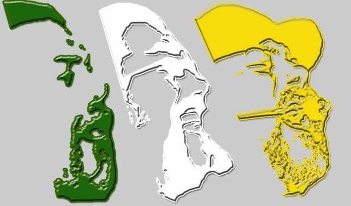 Three abstract, textured vertical shapes on a gray background, colored green, white, and yellow from left to right.