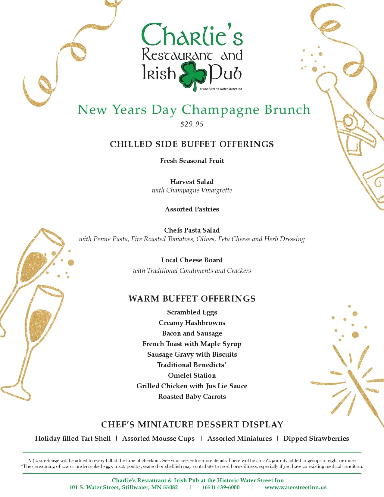 A menu for Charlie's Restaurant and Irish Pub's New Year's Day Champagne Brunch, featuring buffet items and details.