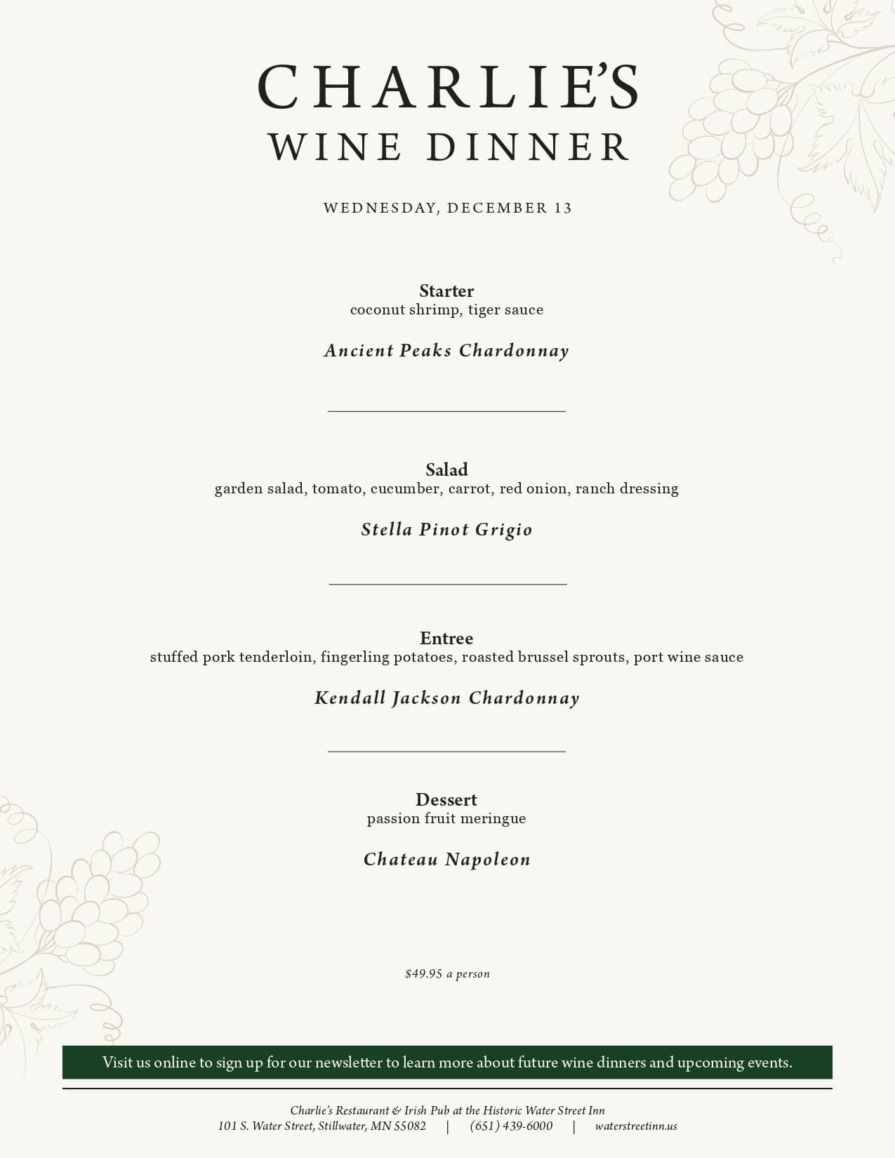 A menu for "Charlie's Wine Dinner" on Wednesday, December 14, listing four courses with wine pairings.