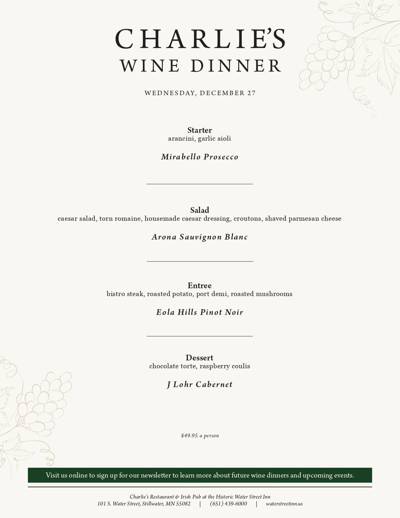A menu for Charlie's Wine Dinner featuring courses, wine pairings, and event details on a cream-colored background.