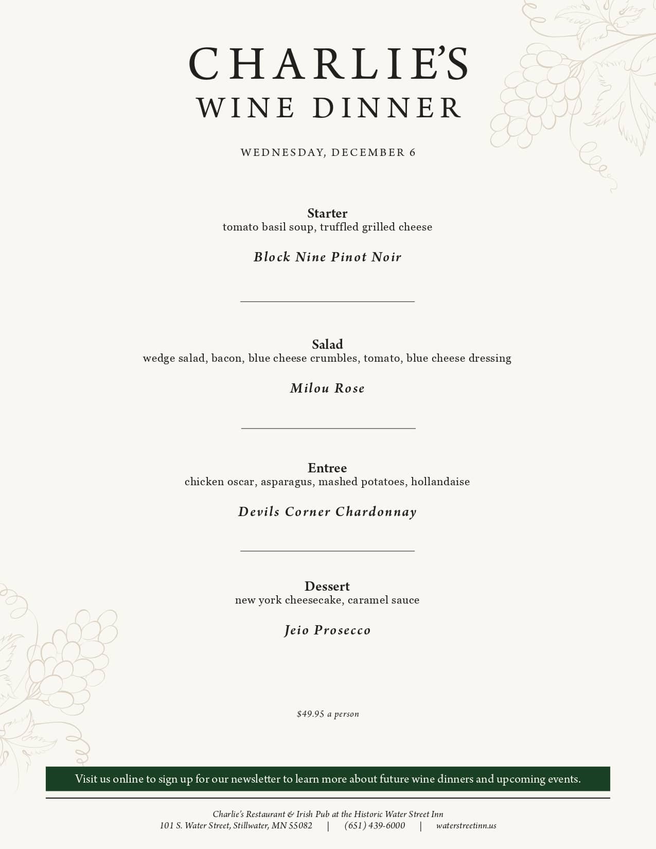 A menu for "Charlie's Wine Dinner" featuring four courses paired with various wines and event information.
