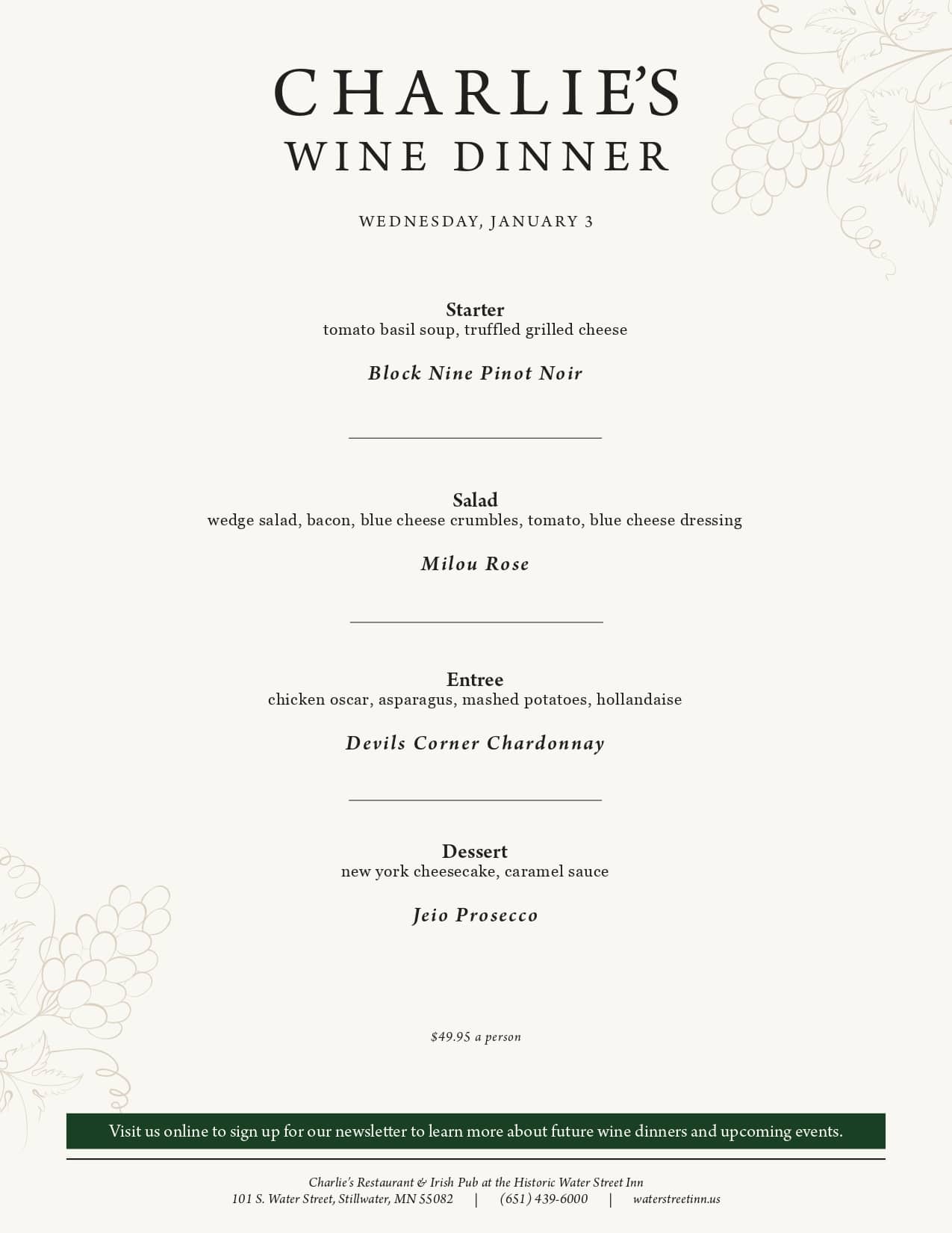 Menu for "Charlie's Wine Dinner" on January 3, listing four courses paired with specific wines.