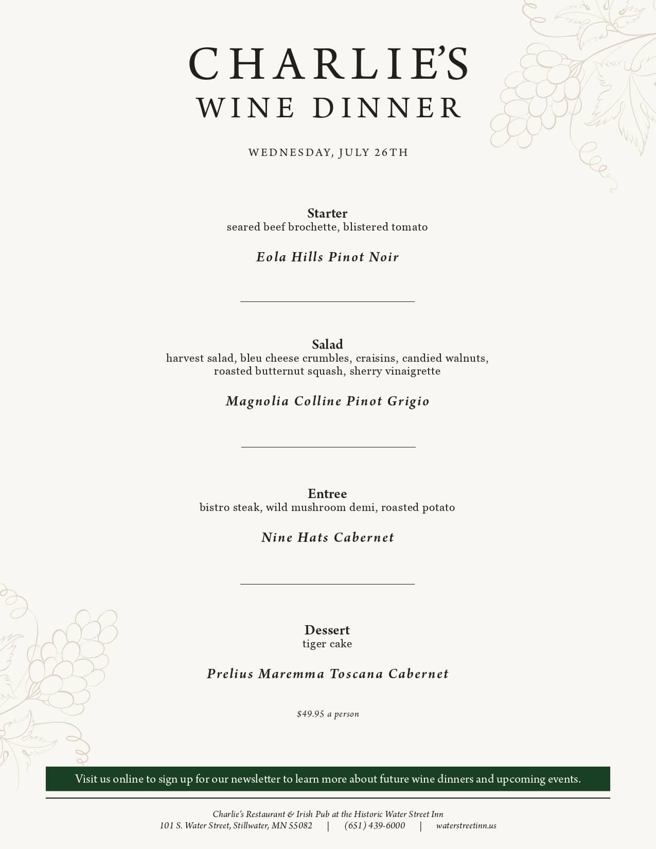 A menu for Charlie's Wine Dinner featuring four courses paired with specific wines, dated Wednesday, July 16th.