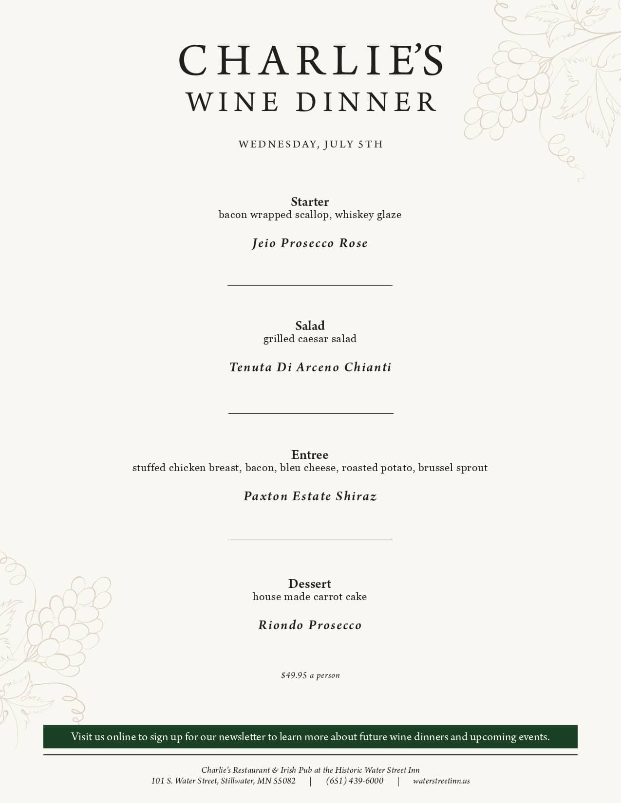 Menu for "Charlie's Wine Dinner" featuring four courses paired with specific wines and restaurant contact info.