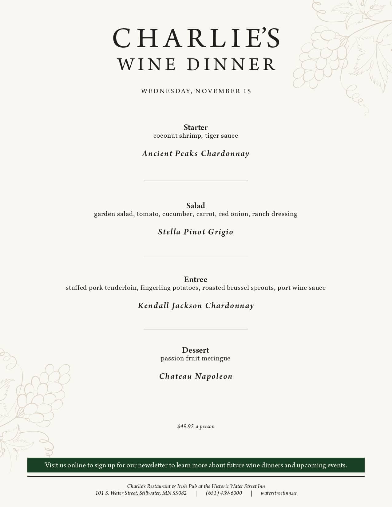 A menu for Charlie's Wine Dinner, listing a four-course meal with wine pairings and restaurant details.