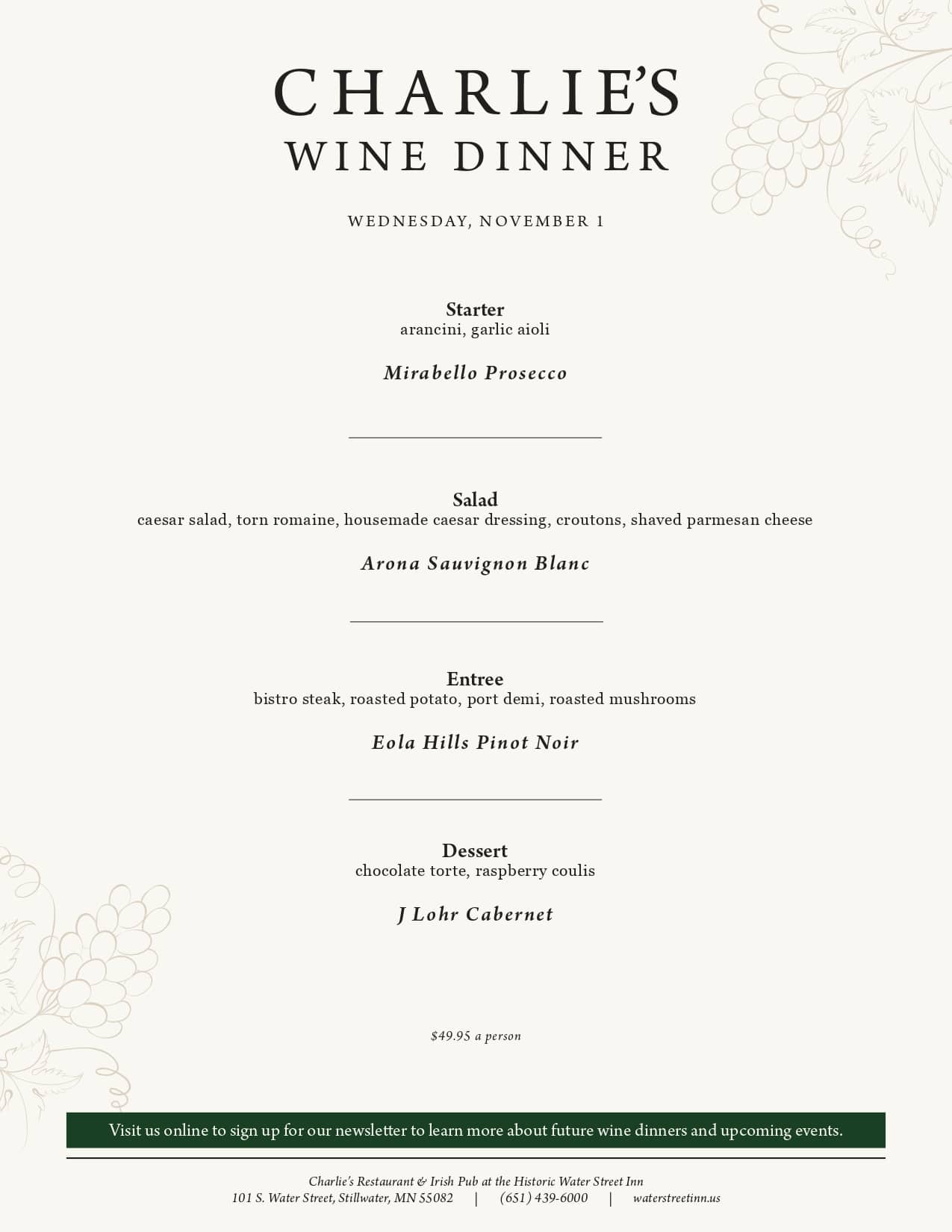 A menu for Charlie’s Wine Dinner listing four courses paired with specific wines, including price and contact details.