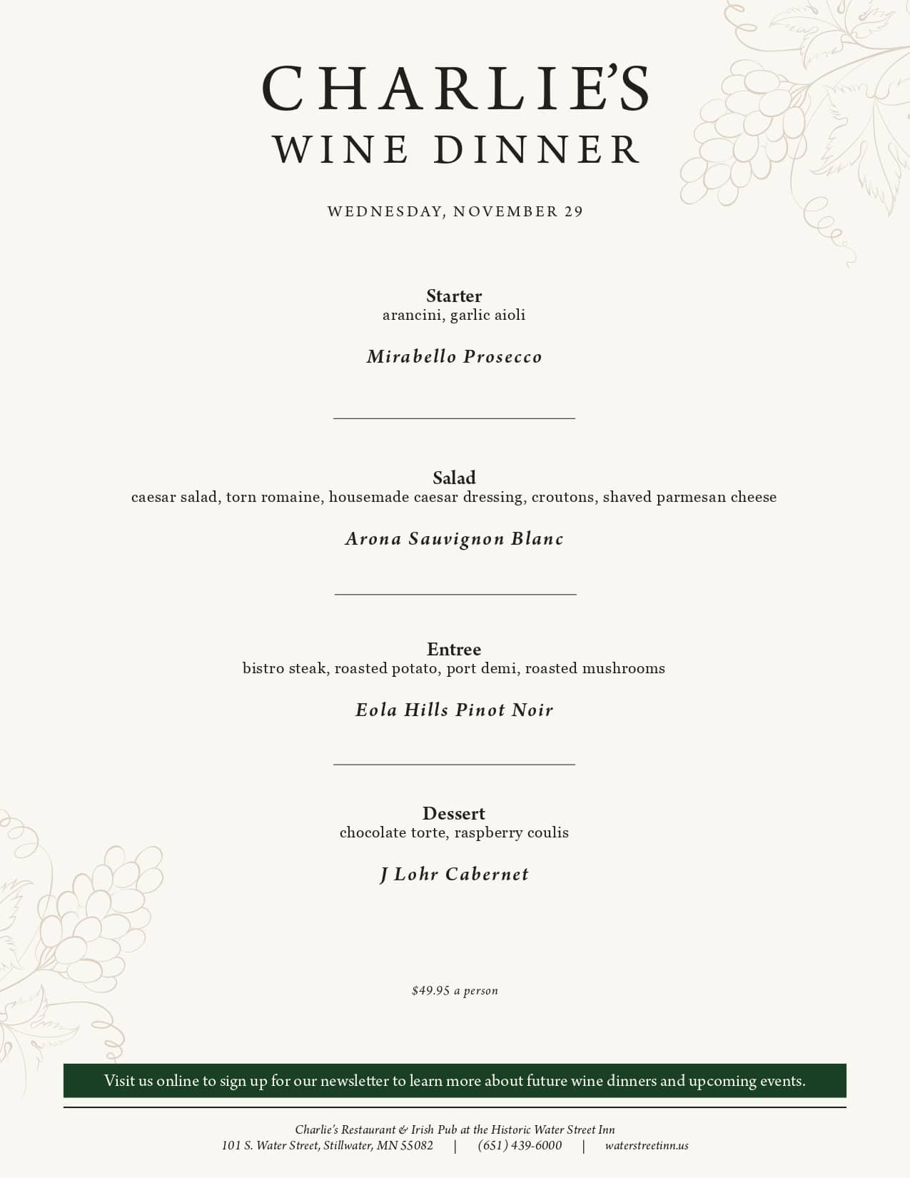 A menu for "Charlie's Wine Dinner" on Wednesday, November 16, featuring four courses with wine pairings.