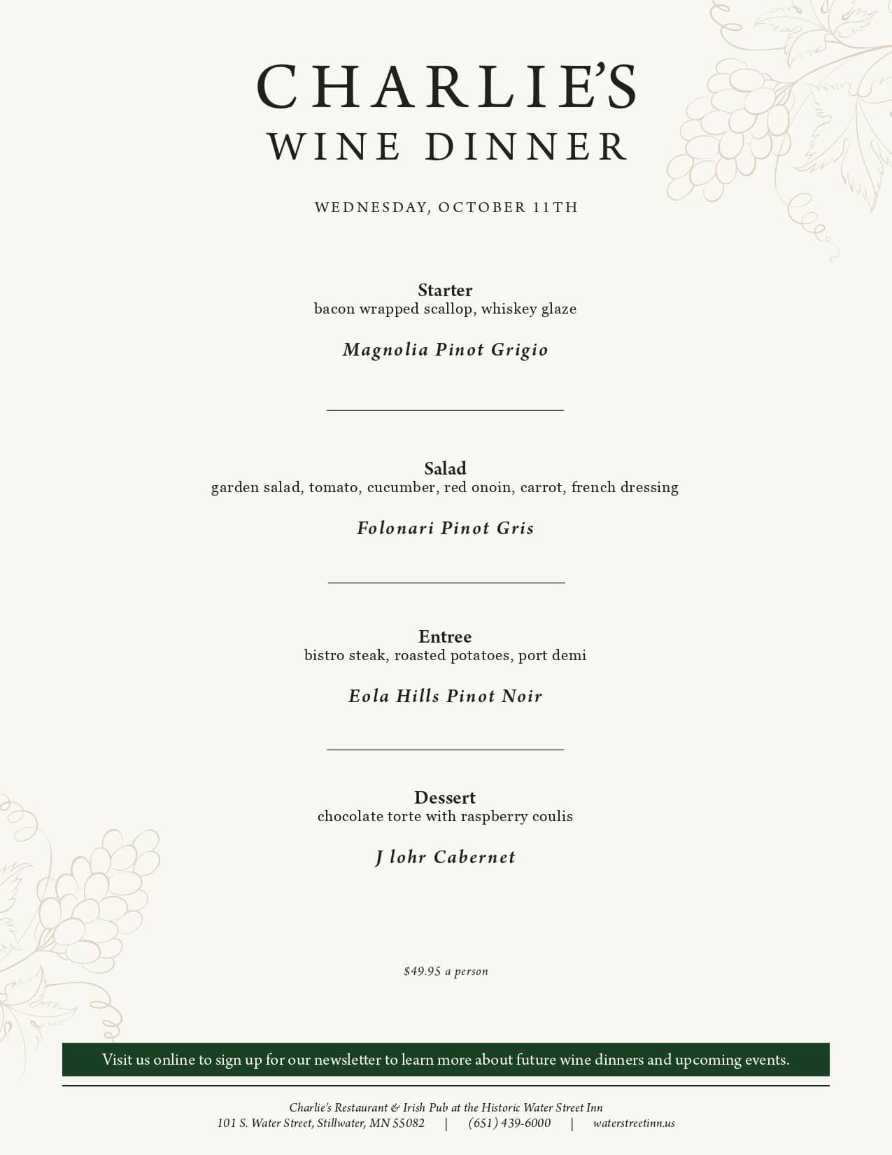 A menu for "Charlie's Wine Dinner" on October 11th, listing four courses paired with specific wines.