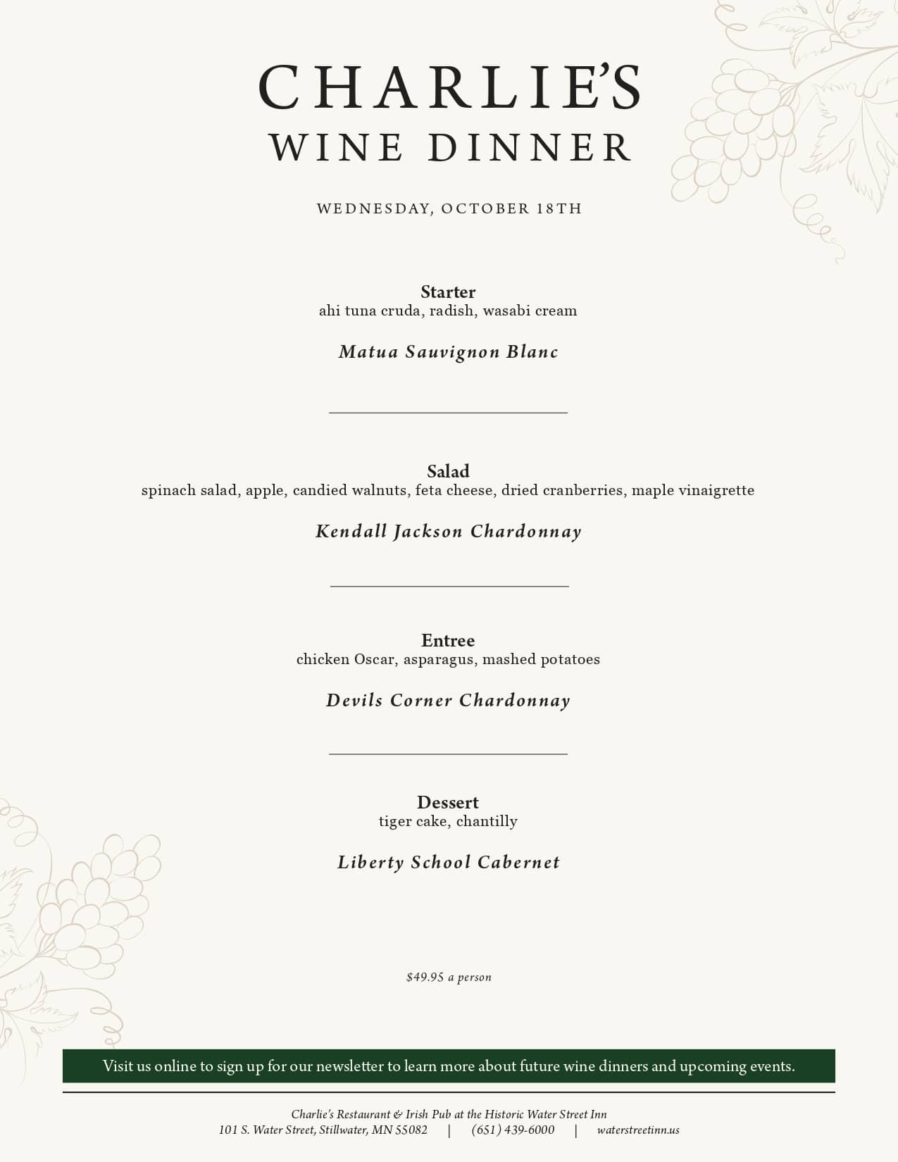 A menu for Charlie's Wine Dinner on Wednesday, October 16th, listing four courses paired with specific wines.