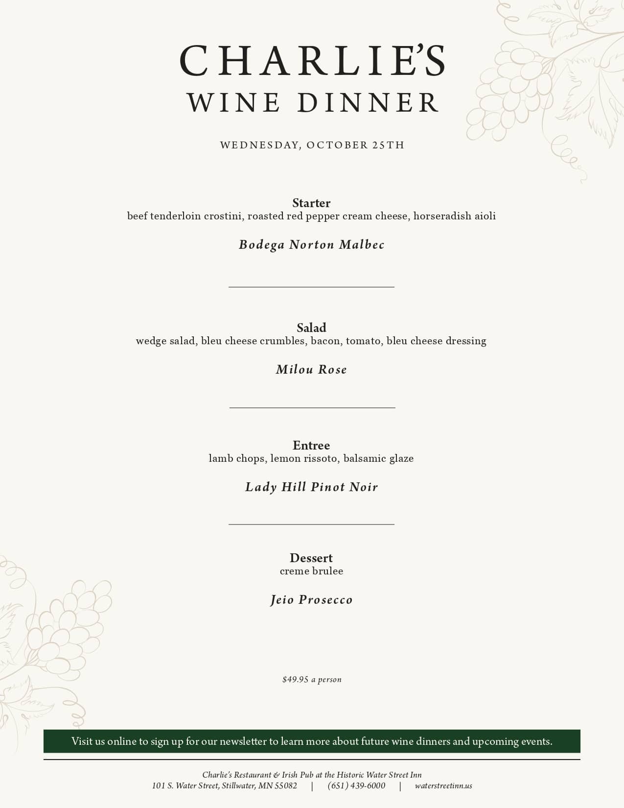 Menu for Charlie's Wine Dinner on Wednesday, October 16th, featuring four courses paired with wine.