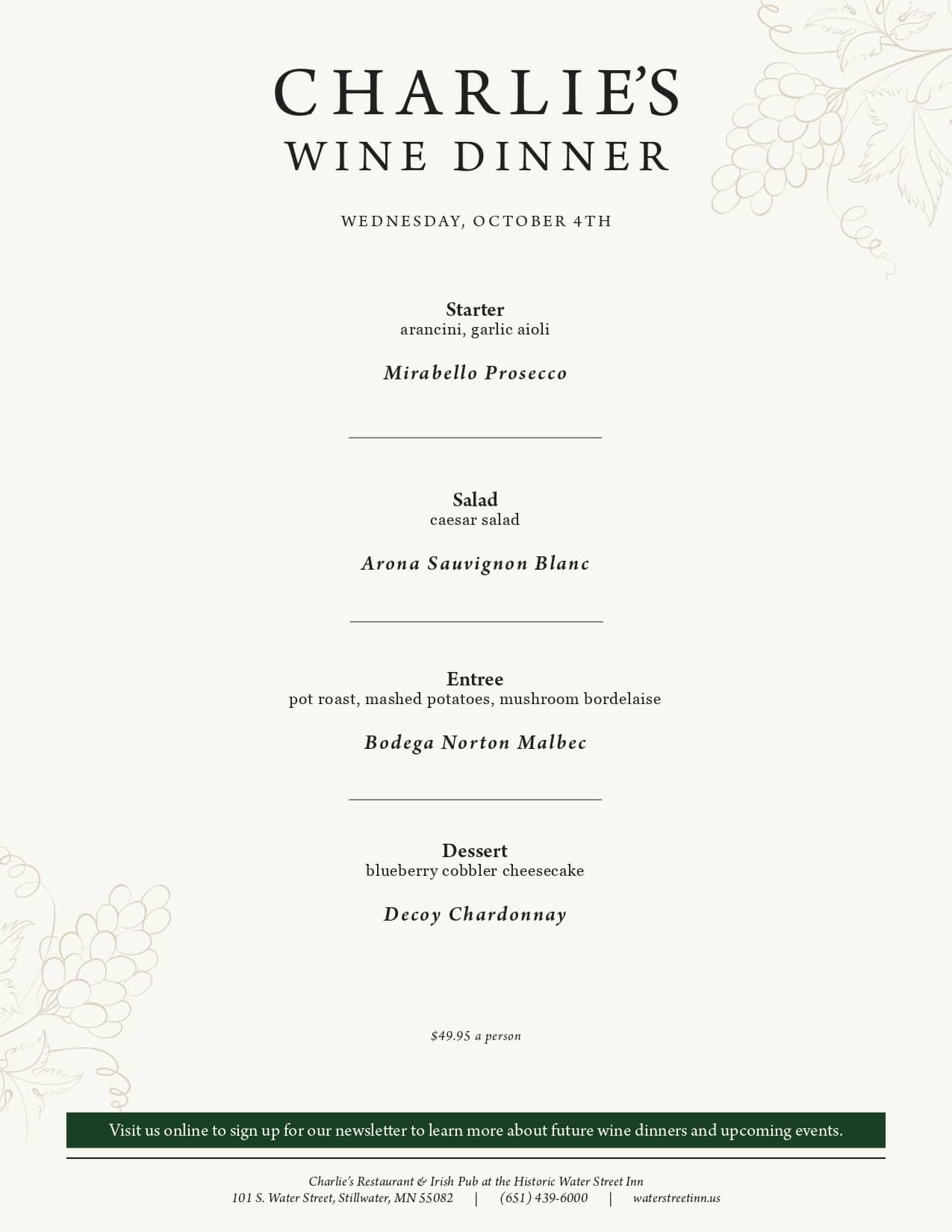 Menu for Charlie’s Wine Dinner, listing four courses with wine pairings and restaurant contact details.