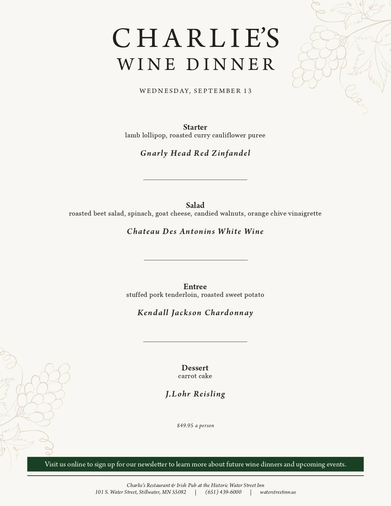 A menu for Charlie's Wine Dinner featuring four courses paired with specific wines, plus pricing and contact info.