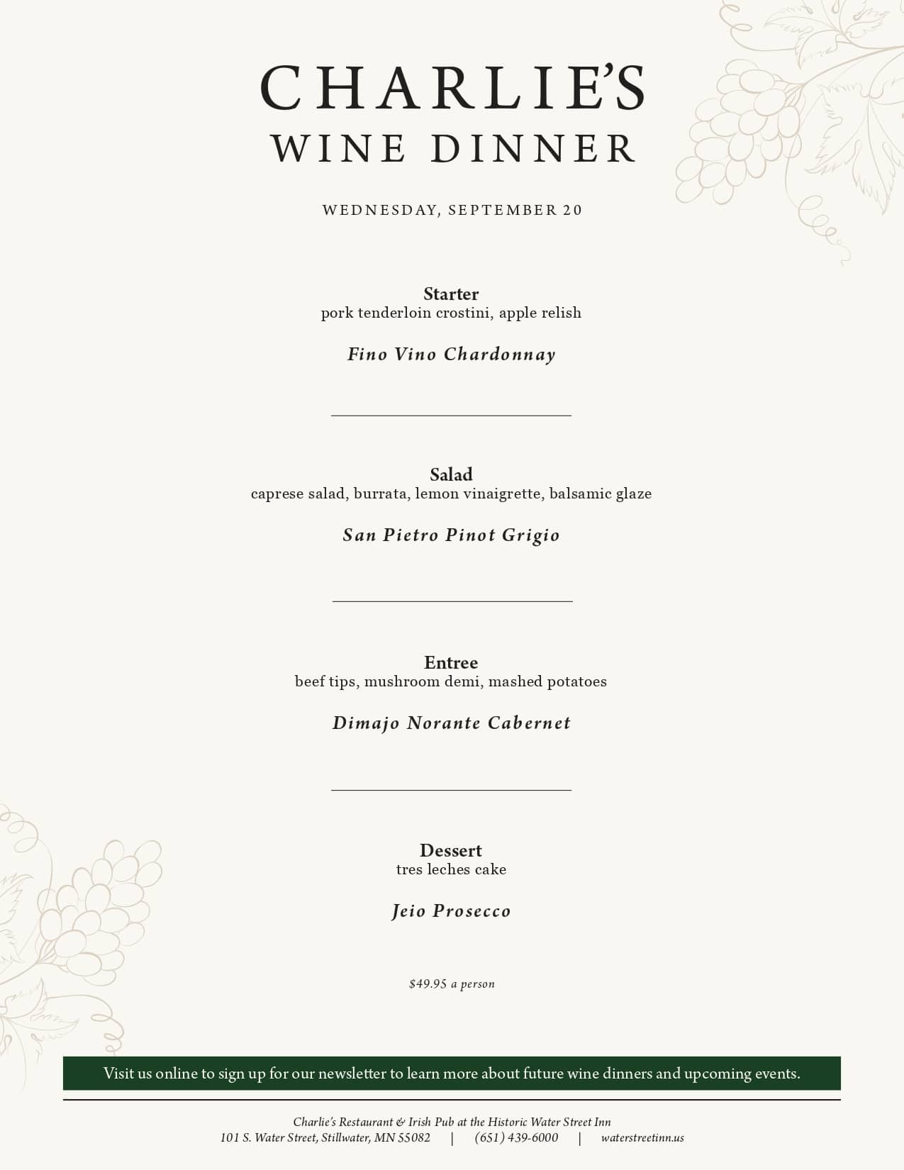 A menu for "Charlie's Wine Dinner" on Wednesday, September 10, listing four courses paired with specific wines.