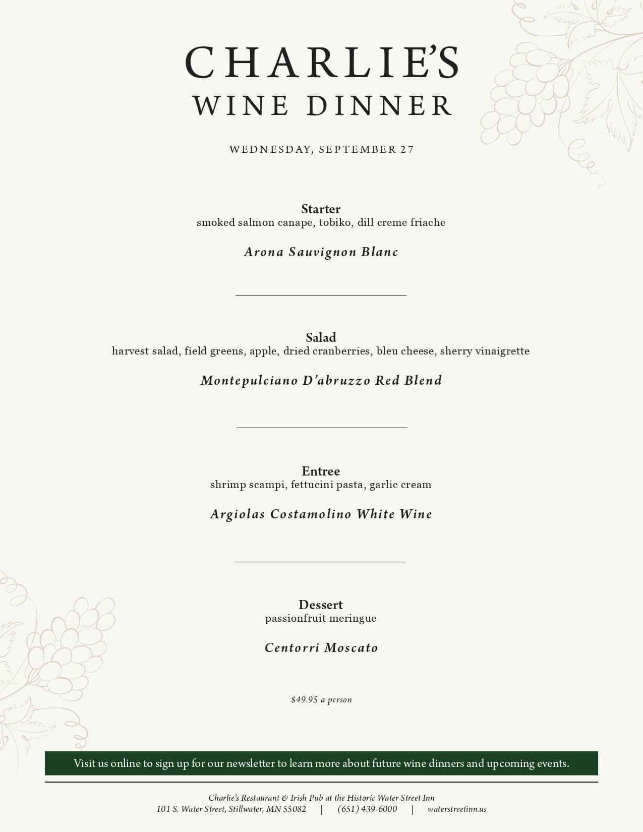 Menu for Charlie’s Wine Dinner, featuring four courses paired with specific wines, dates, and restaurant details.