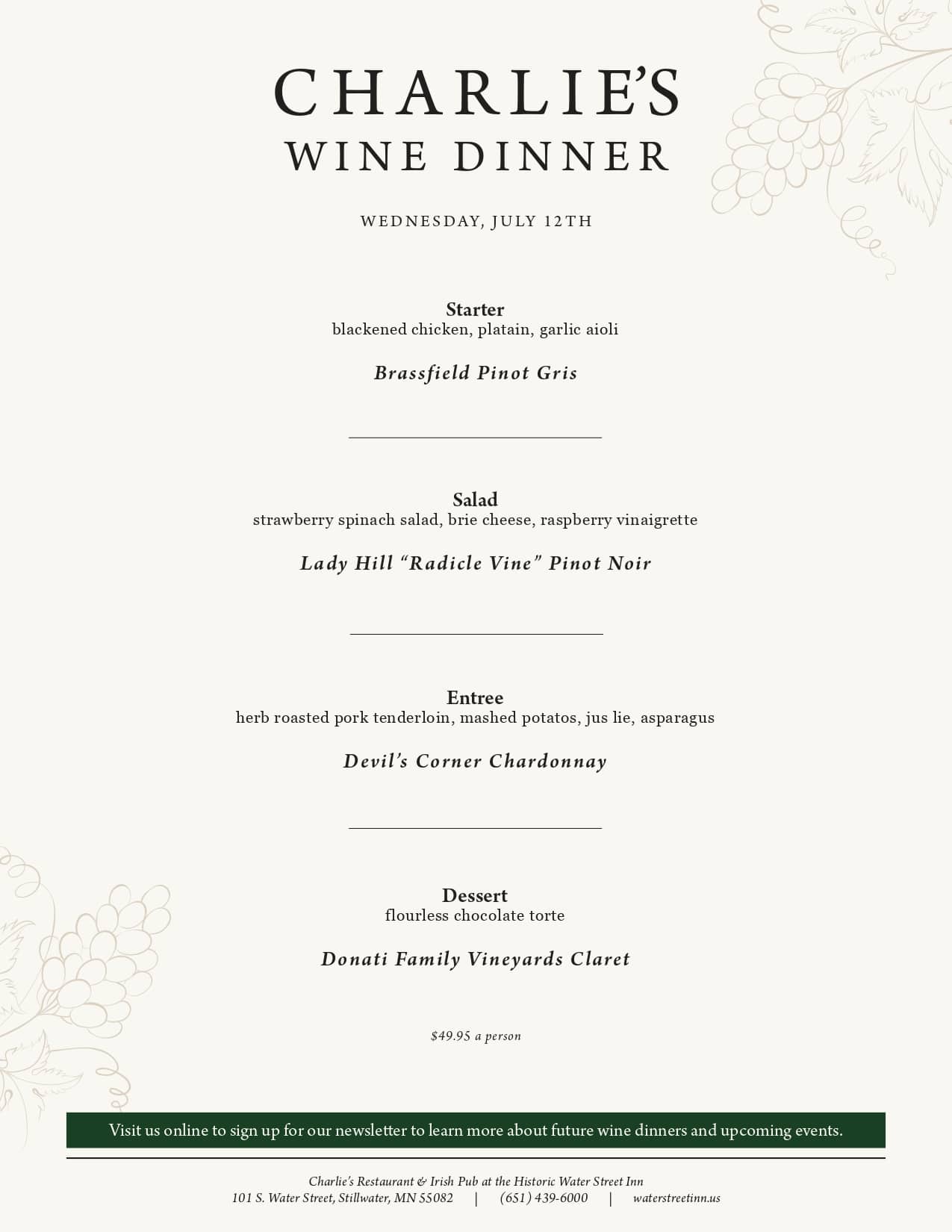 A menu for Charlie's Wine Dinner featuring four courses paired with specific wines, dates, and restaurant details.