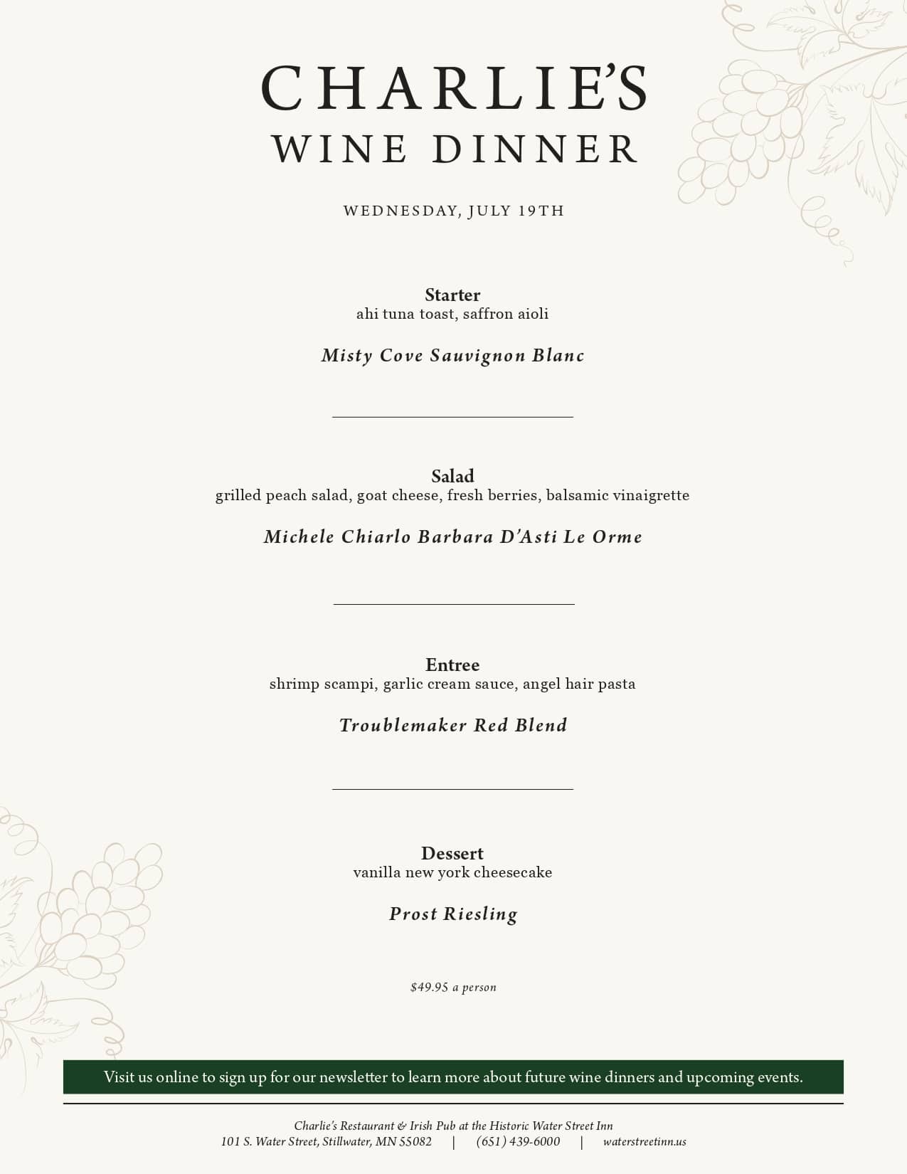 A menu for "Charlie's Wine Dinner," featuring a four-course meal with wine pairings and venue information.