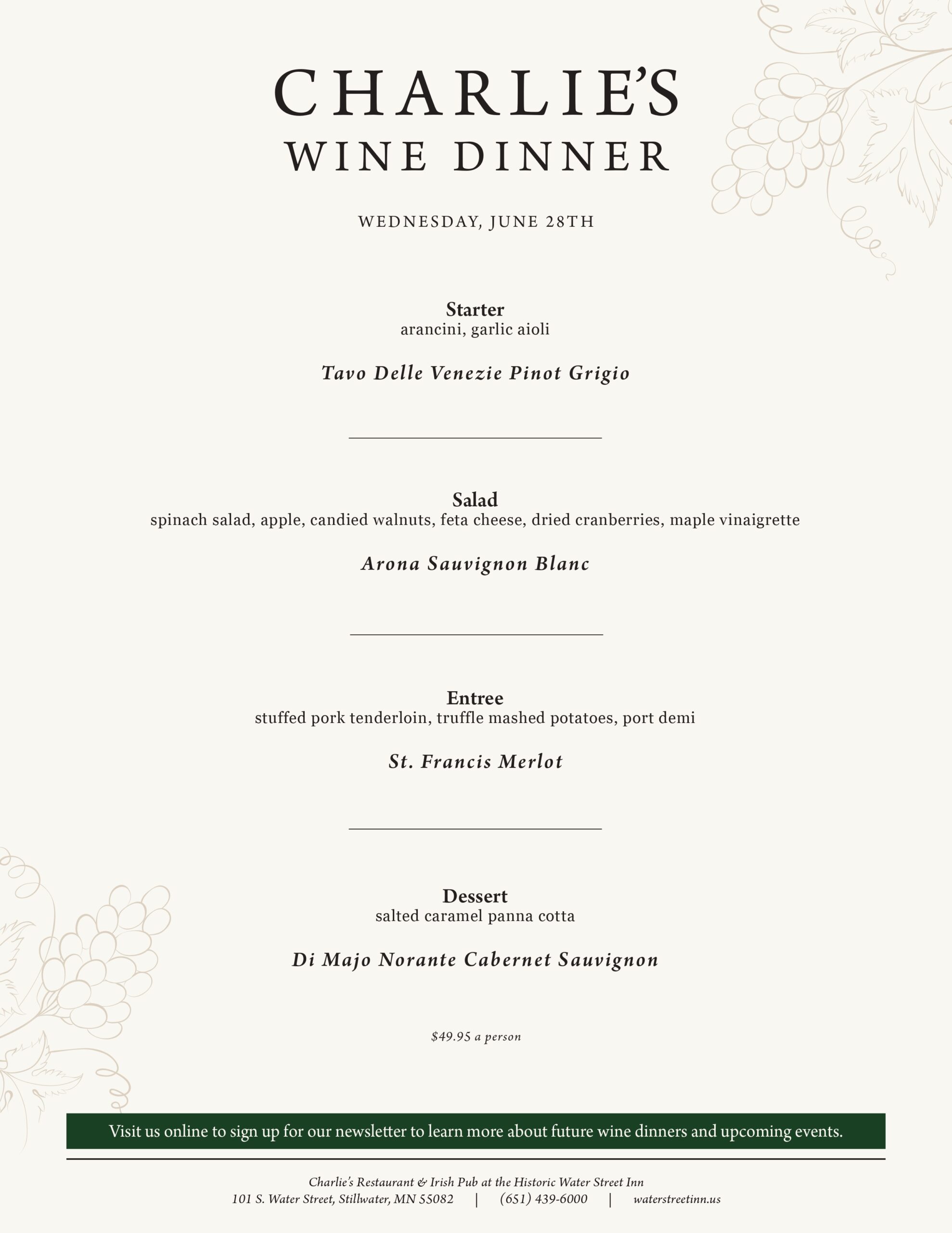 A menu for Charlie’s Wine Dinner on Wednesday, June 18th, featuring four courses paired with specific wines.