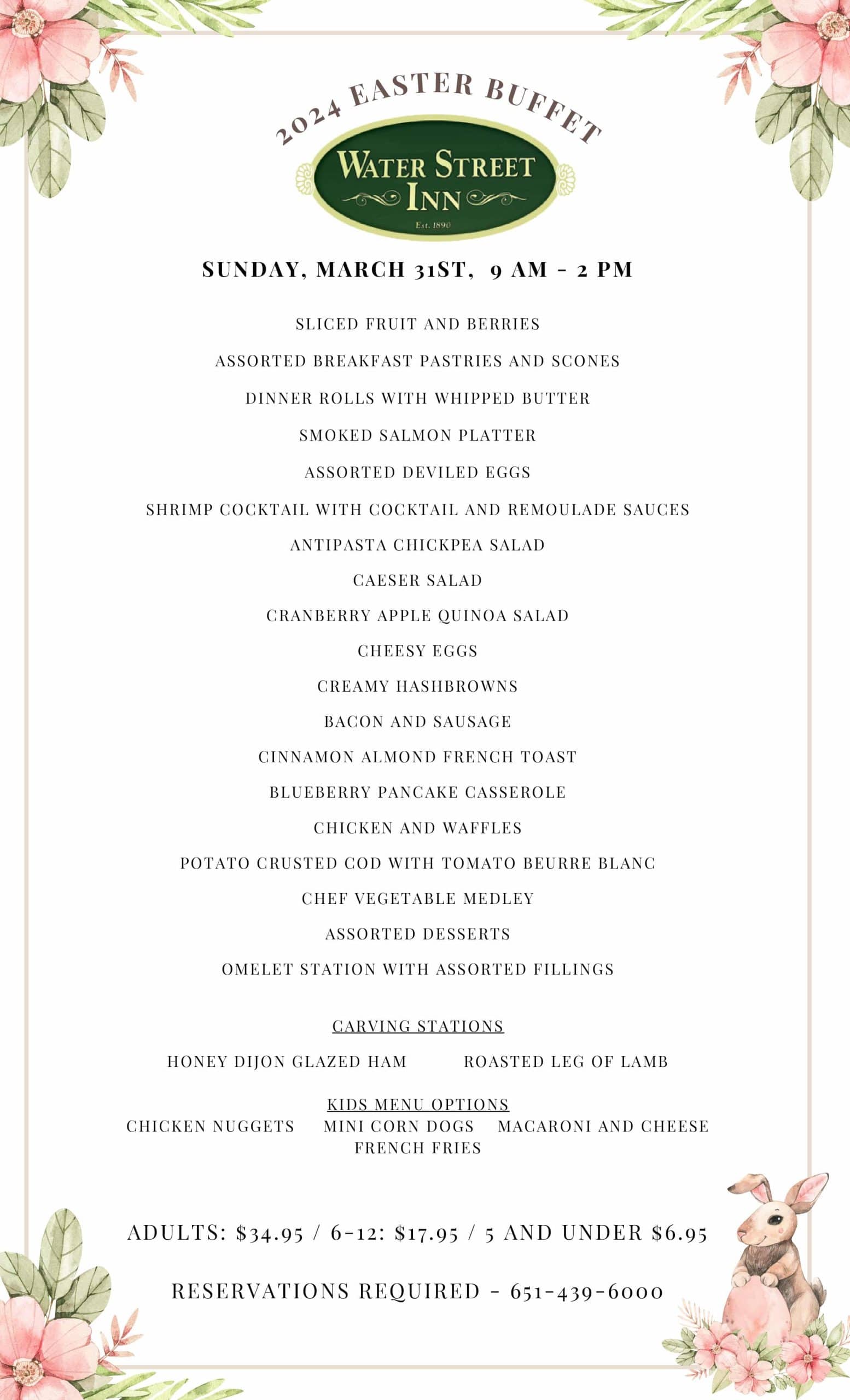 A flyer for the 2024 Water Street Inn Easter buffet on March 31st, featuring a menu list and pricing details.