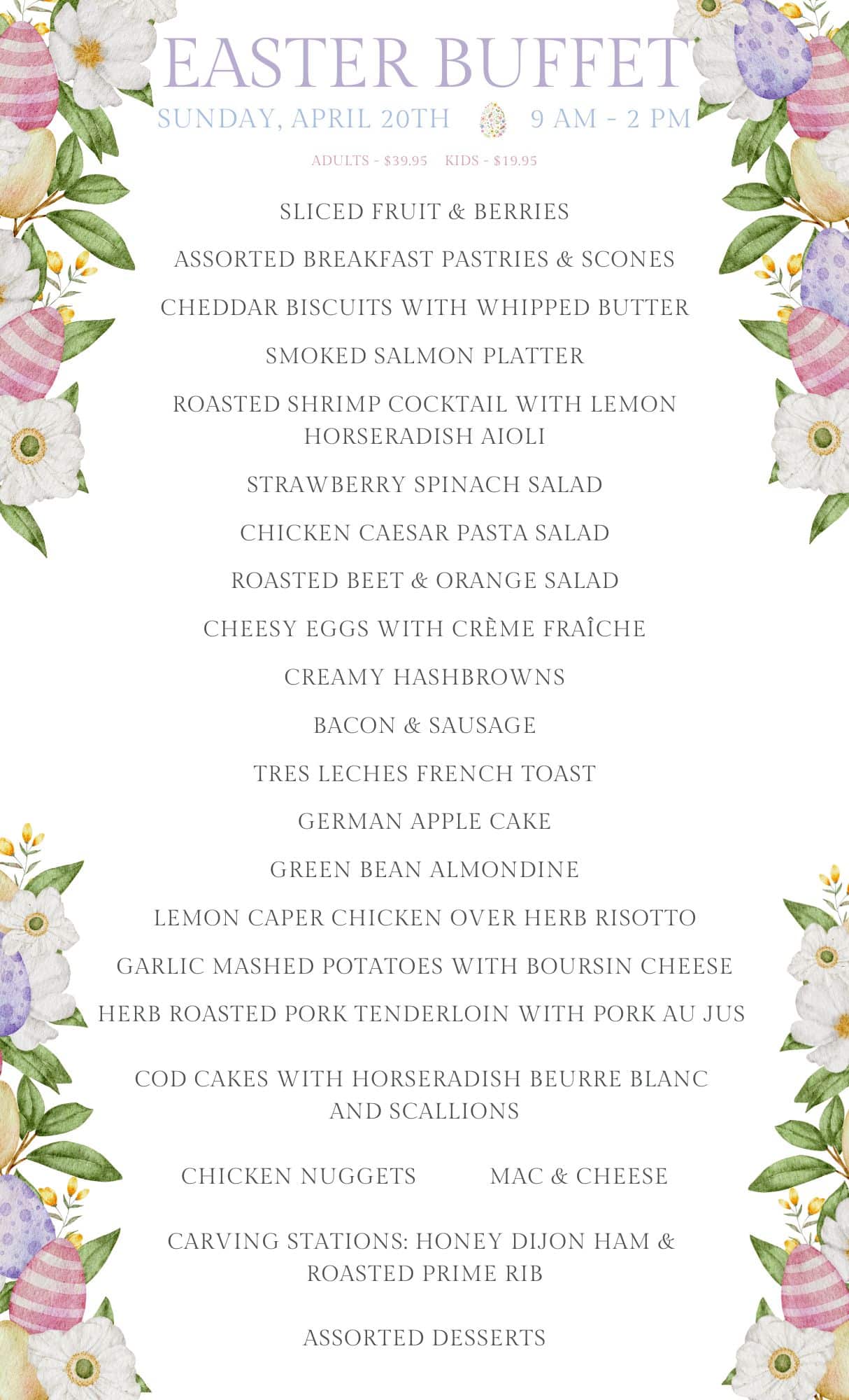 Menu for an Easter Buffet featuring floral and Easter egg borders, listing various breakfast and lunch food items.