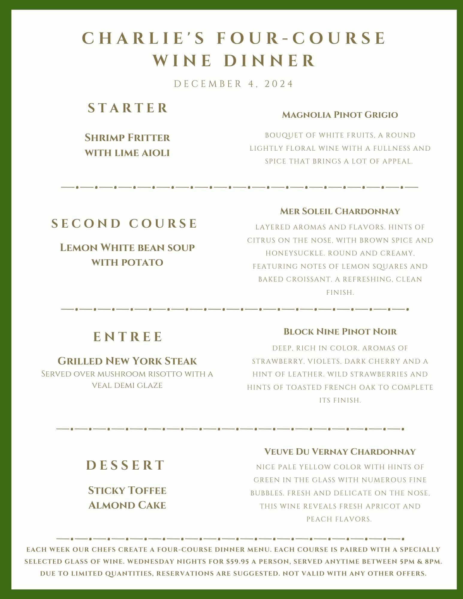 A menu for Charlie's Four-Course Wine Dinner on December 4, 2024, listing four courses with wine pairings.