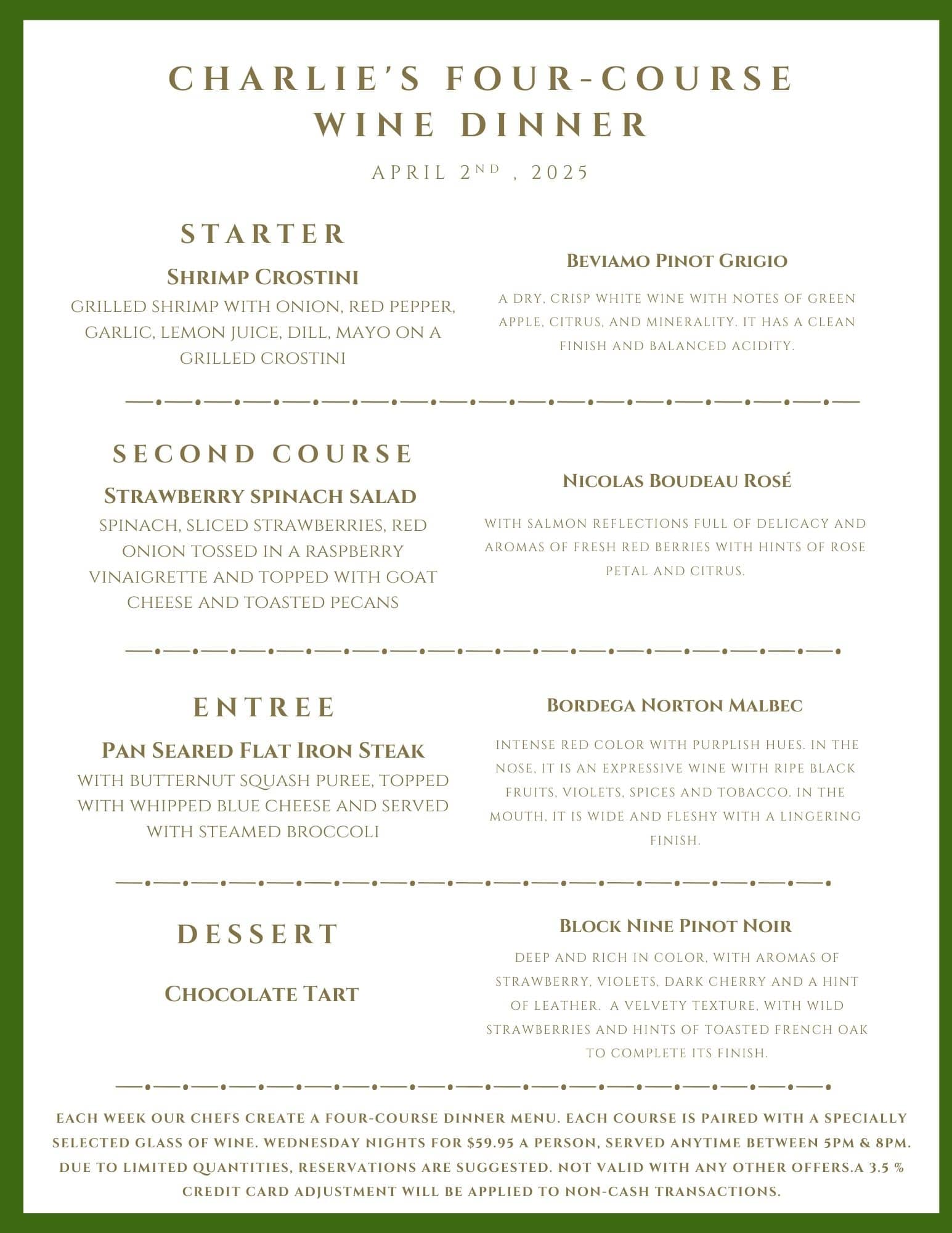 A menu for "Charlie's Four-Course Wine Dinner" on April 2, 2021, detailing food and wine pairings for four courses.