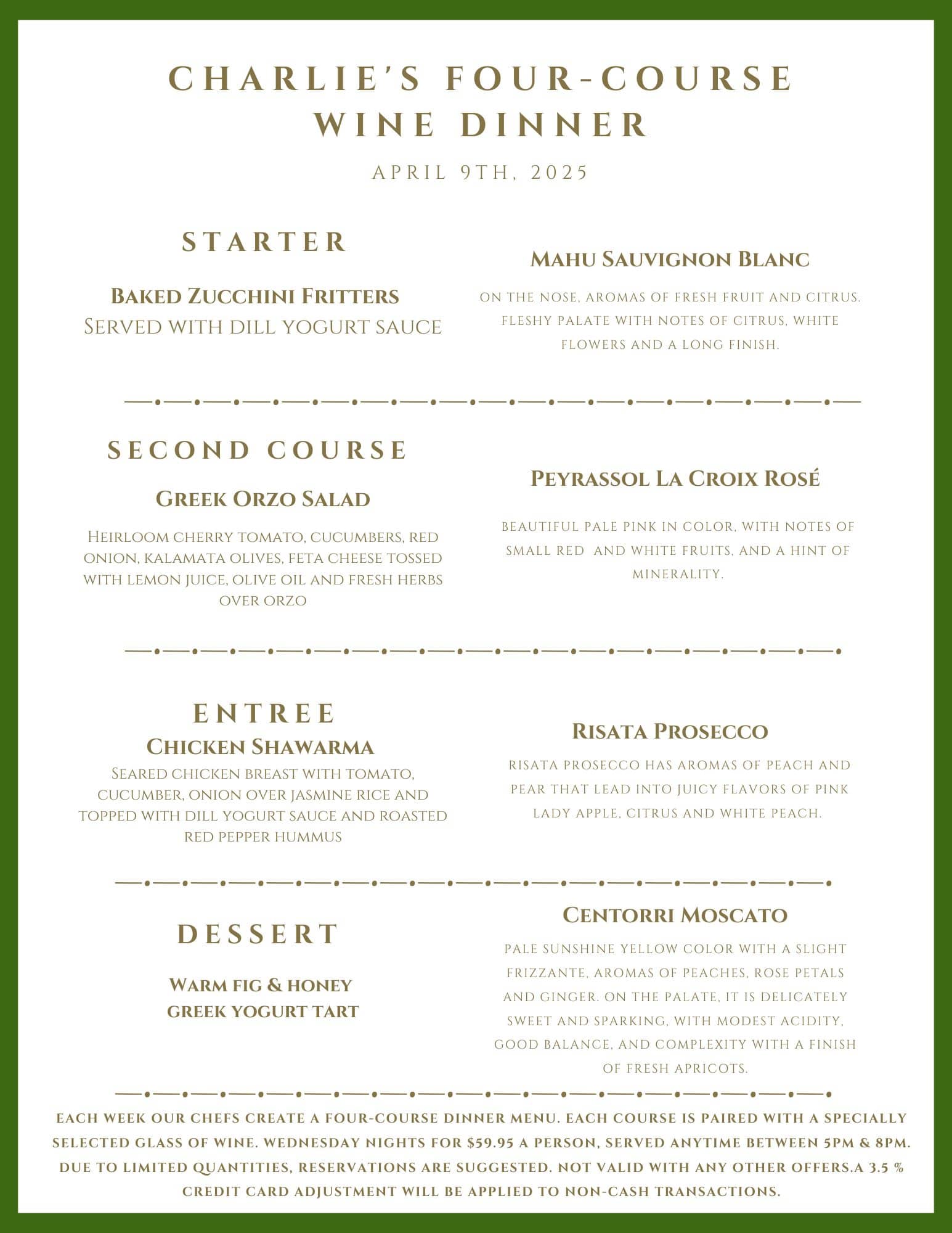 A menu for Charlie's Four-Course Wine Dinner on April 9th, 2024, listing four food and wine pairings.