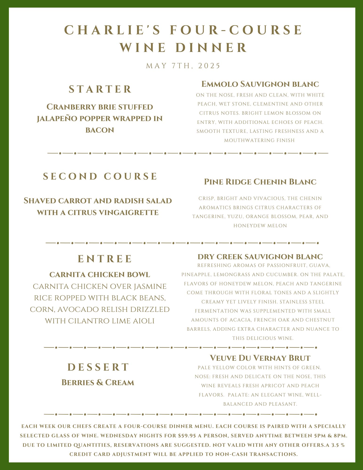 Menu for Charlie's Four-Course Wine Dinner on May 7th, 2023, listing food and wine pairings.