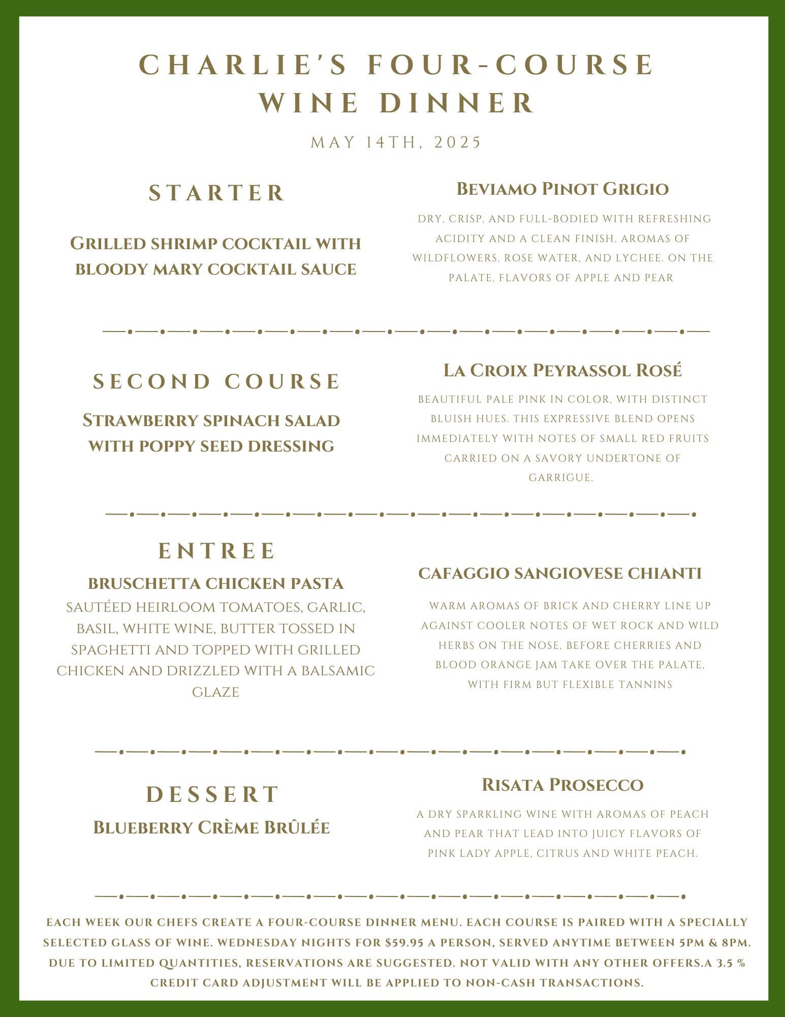Menu for Charlie's Four-Course Wine Dinner on May 14th, 2021, detailing four food courses paired with specific wines.