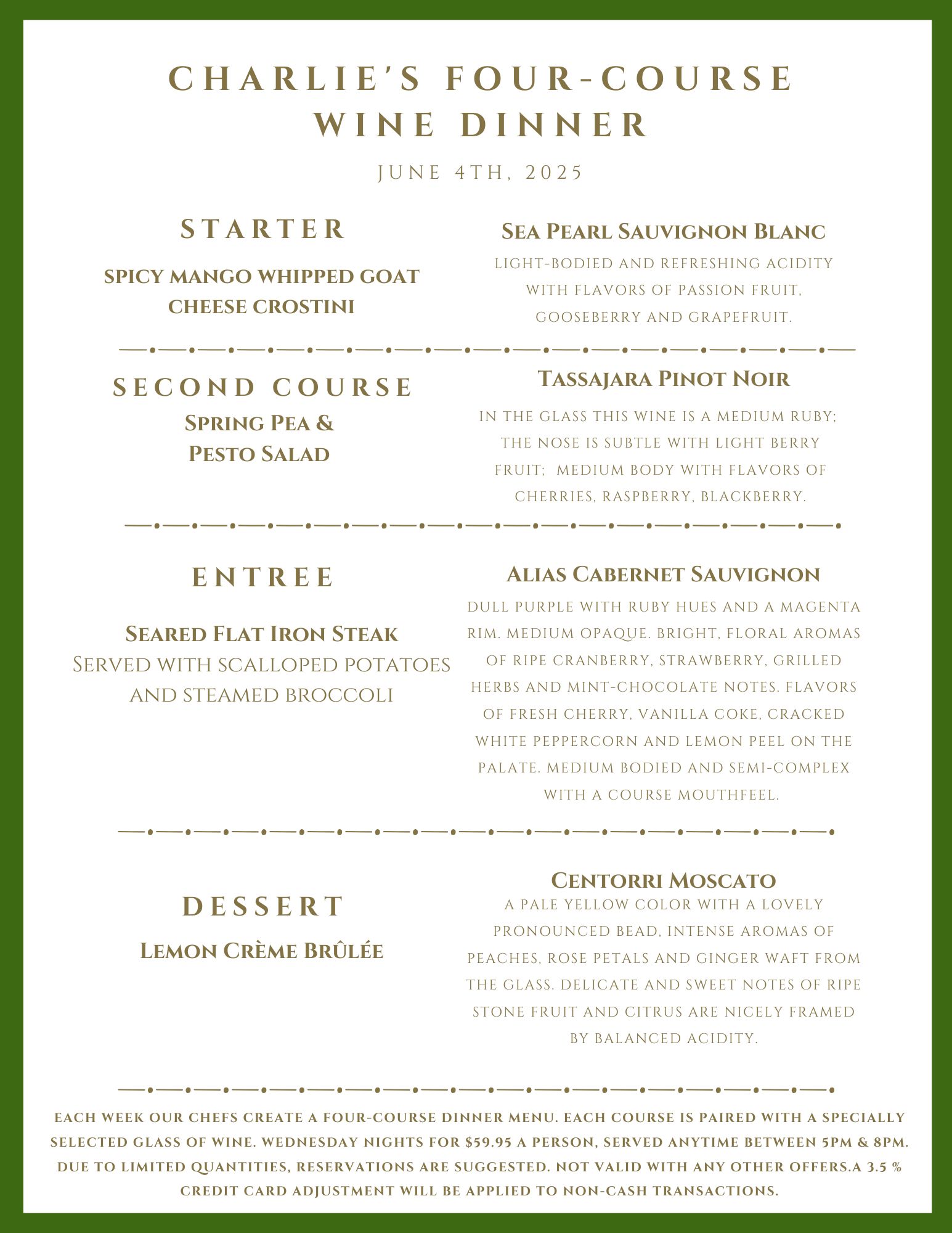 A menu for "Charlie's Four-Course Wine Dinner" on June 4th, 2024, listing four courses paired with specific wines.