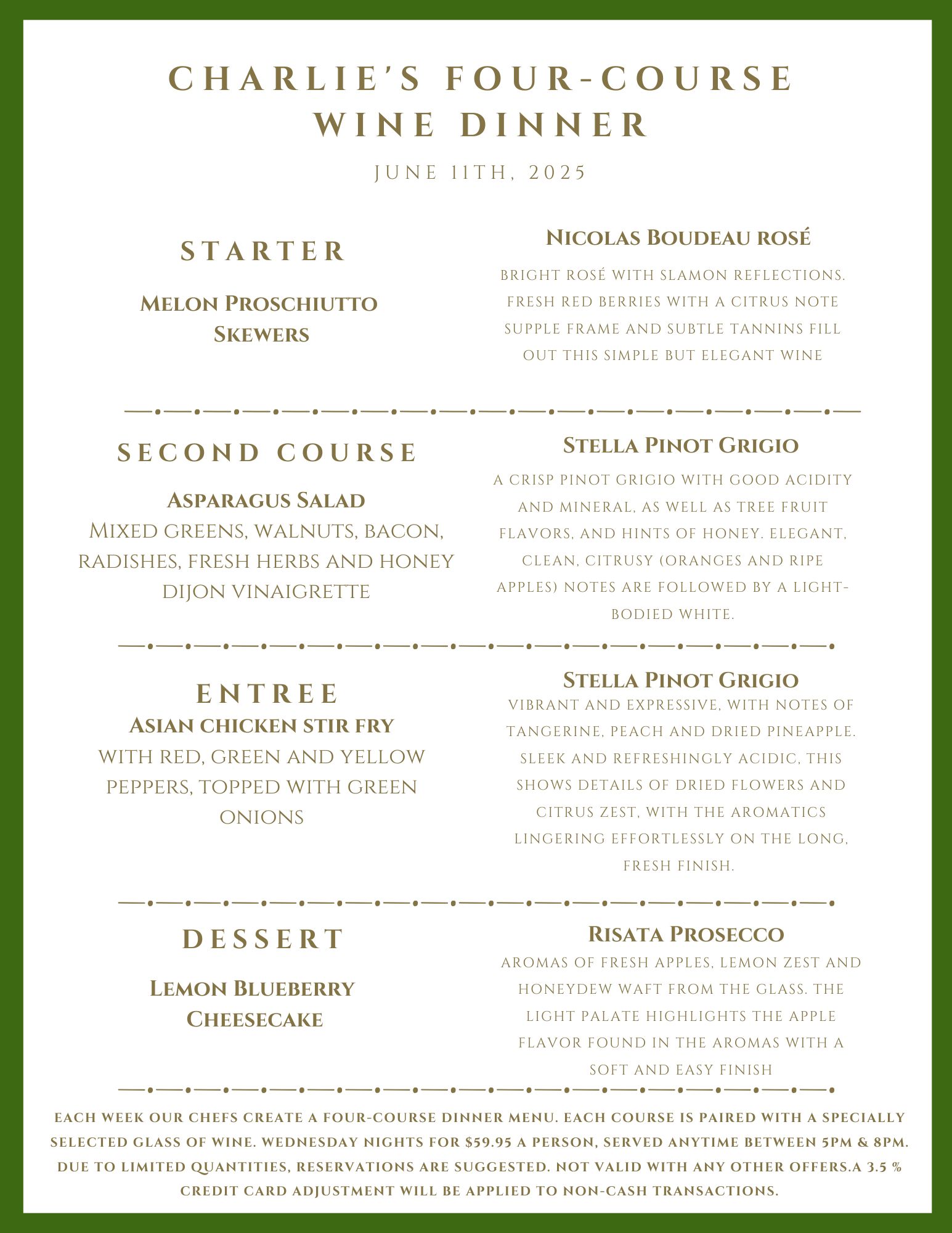 A menu for Charlie's Four-Course Wine Dinner on June 11th, 2021, featuring food and wine pairings.
