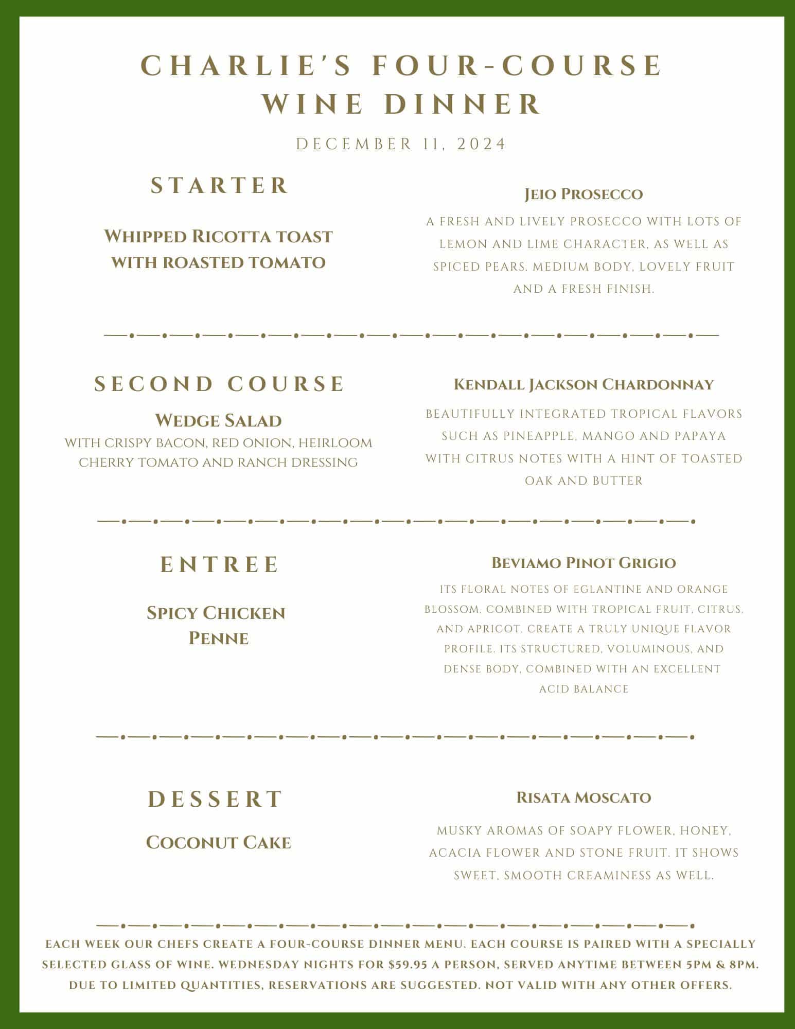 A menu for Charlie's Four-Course Wine Dinner on December 11, 2024, listing four food and wine pairings.