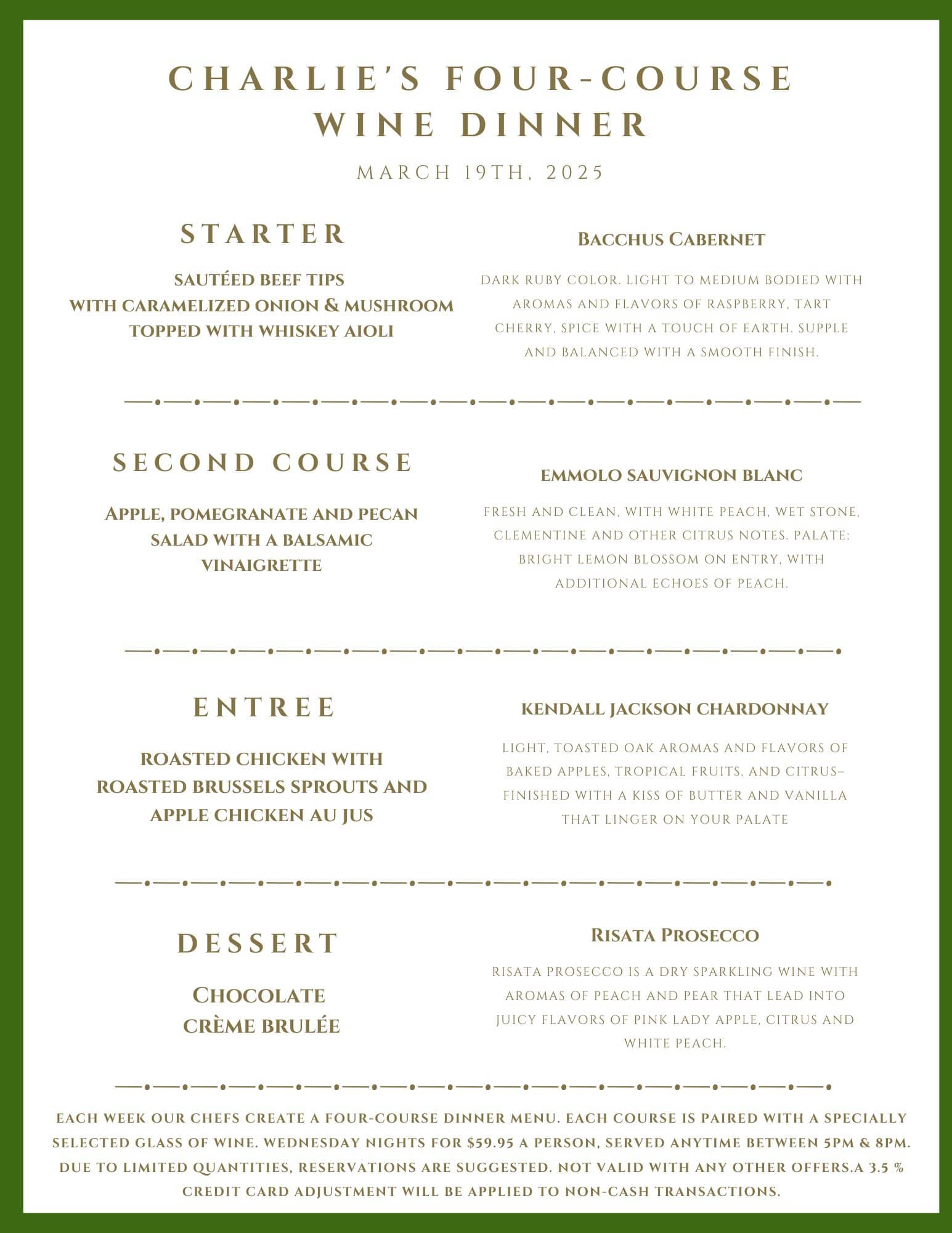 Menu for "Charlie's Four-Course Wine Dinner" on March 19th, 2023, listing food courses paired with specific wines.