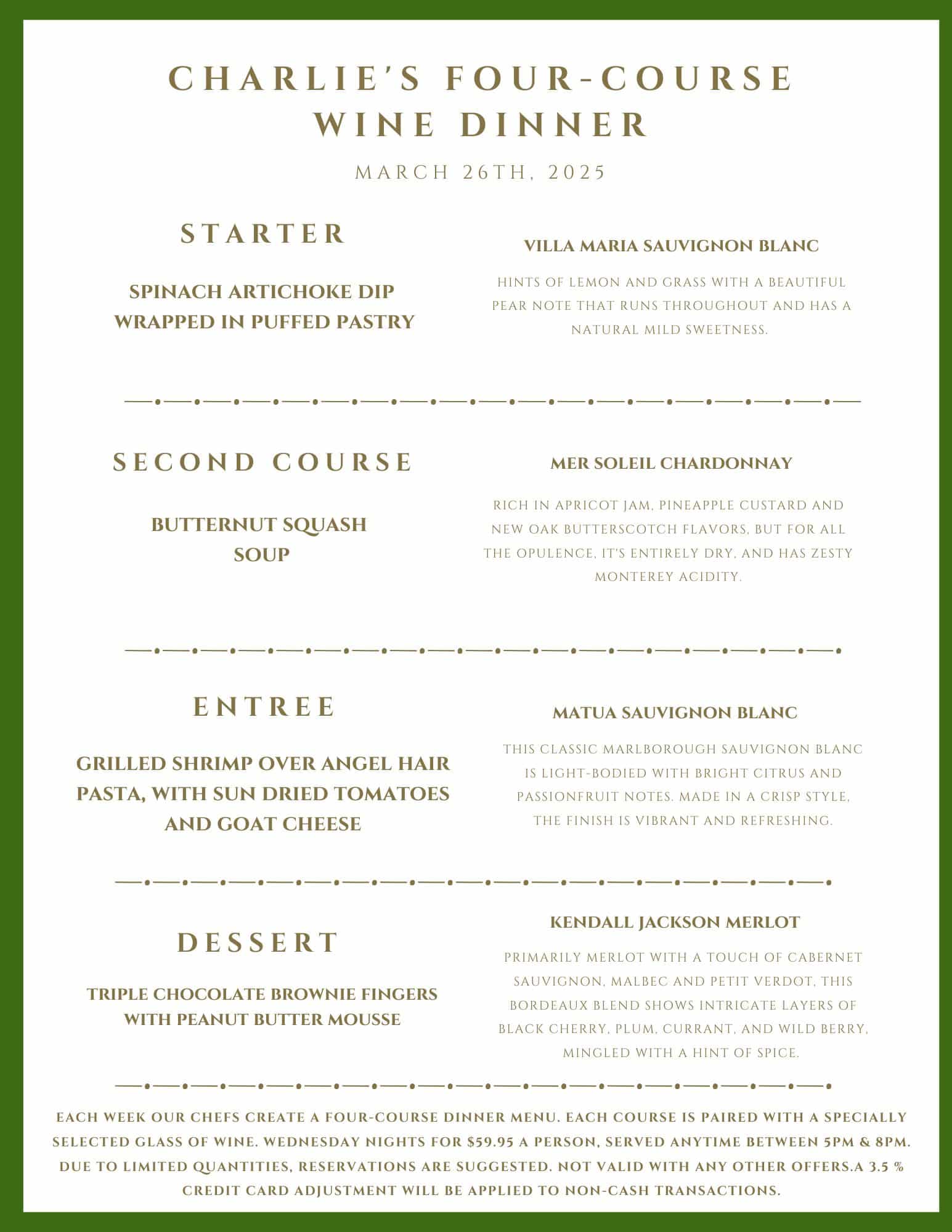 A printed menu for Charlie's Four-Course Wine Dinner on March 26th, 2023, listing food and wine pairings.