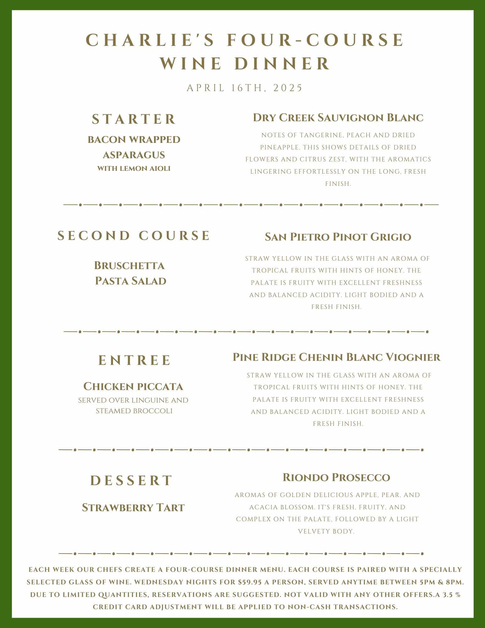 Menu for "Charlie's Four-Course Wine Dinner" on April 14th, 2021, detailing four courses paired with specific wines.