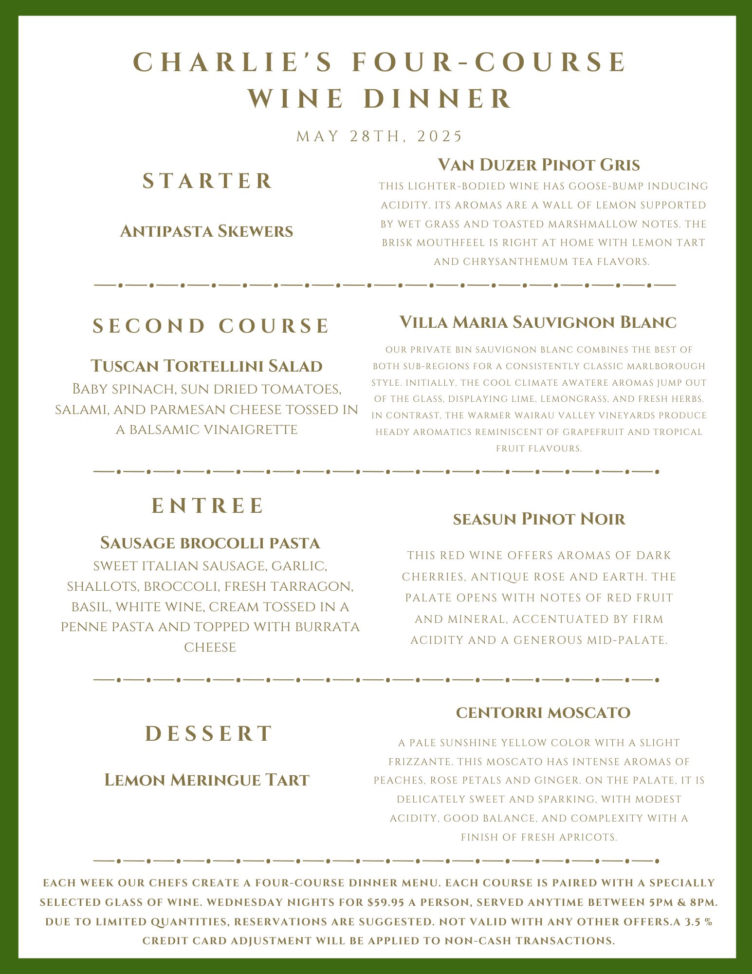 Menu for Charlie’s Four-Course Wine Dinner on May 28th, 2021, featuring pairings for each course.
