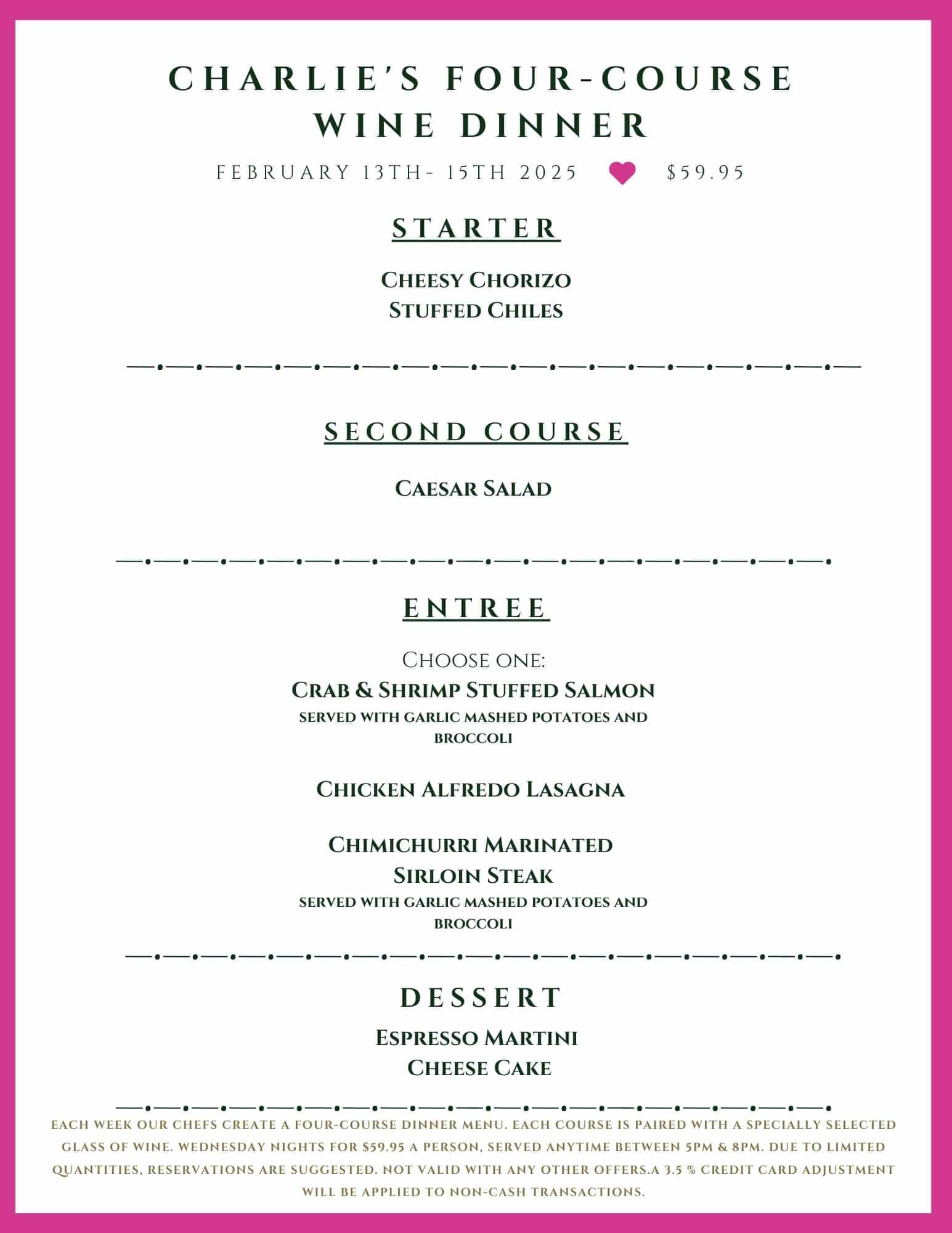 Menu for "Charlie's Four-Course Wine Dinner," listing appetizer, salad, entree options, and dessert for $59.95.