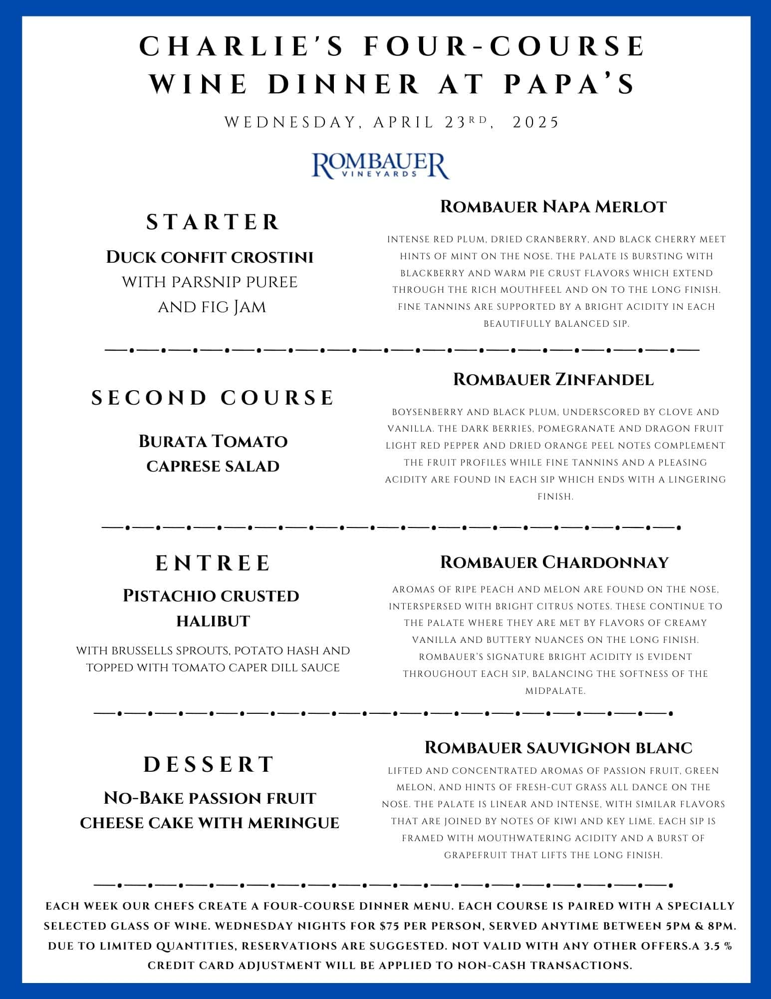 A menu for Charlie's Four-Course Wine Dinner at Papa's on April 26, 2023, featuring Rombauer wines and food pairings.