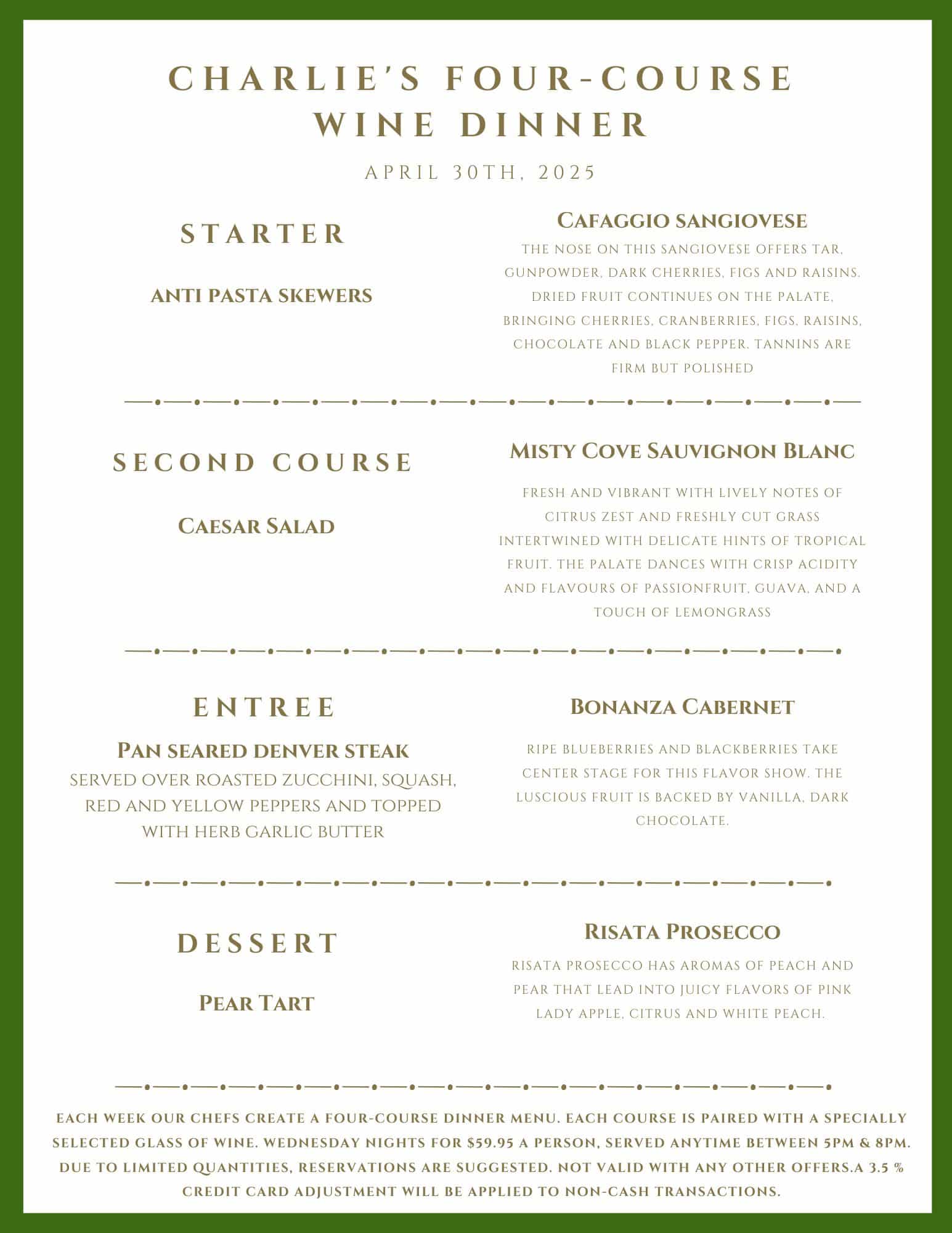 A menu for Charlie's Four-Course Wine Dinner on April 15th, 2021, featuring four courses paired with specific wines.