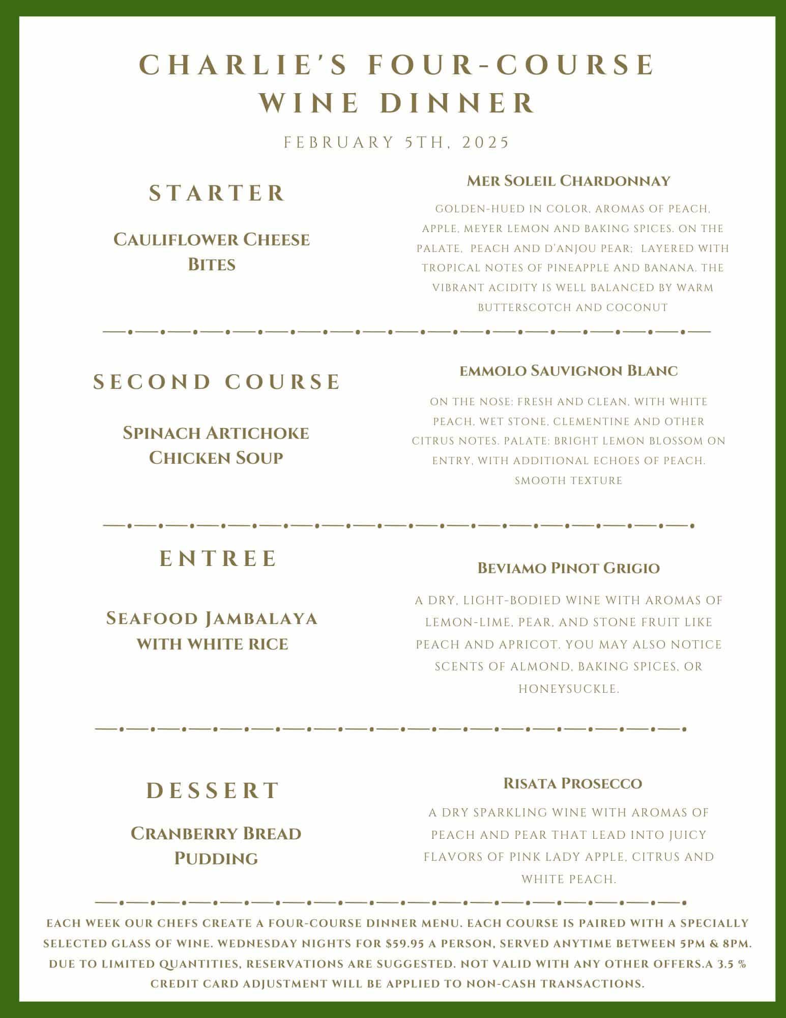 A menu for Charlie's Four-Course Wine Dinner on February 9th, 2025, listing four courses paired with specific wines.